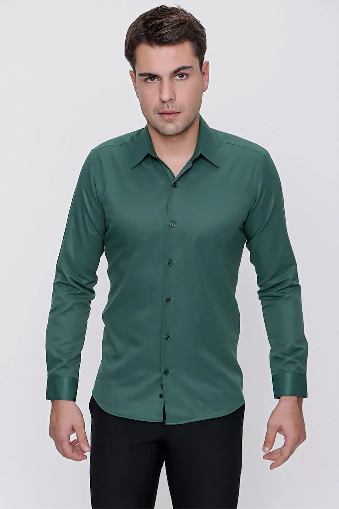 Gk 624 Slim Fit Pamuk Saten Klasik Yeşil Gömlek 