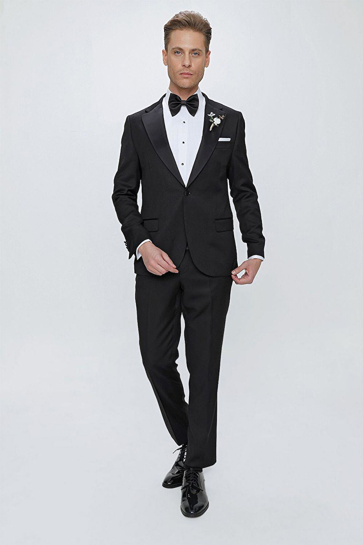 Black 062 Slim Fit Çıkma Saten Yaka Siyah Damatlık Smokin Takım