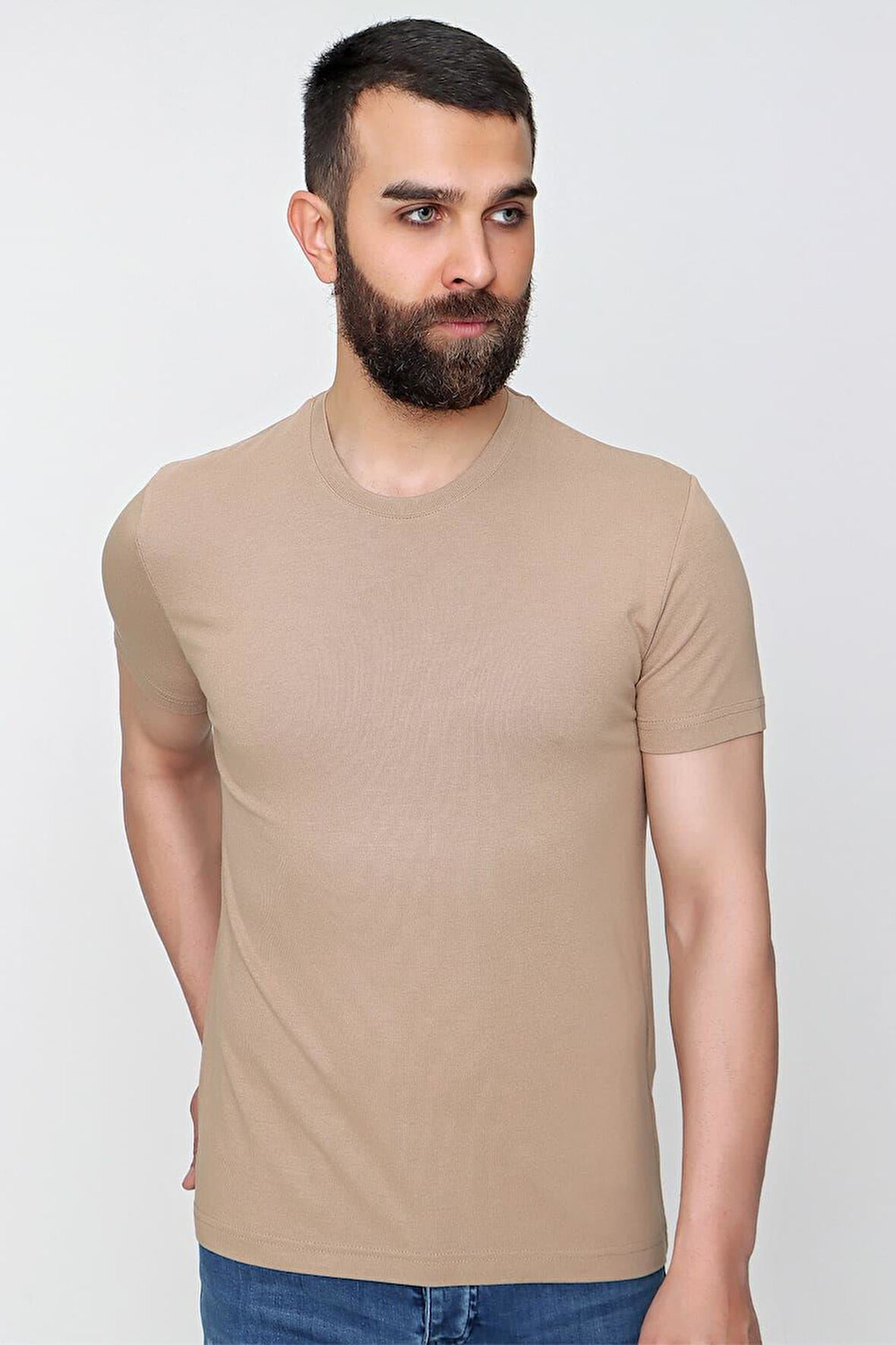 Ts 823 Slim Fit Bisiklet Yaka Düz Pamuklu Bej Tişört