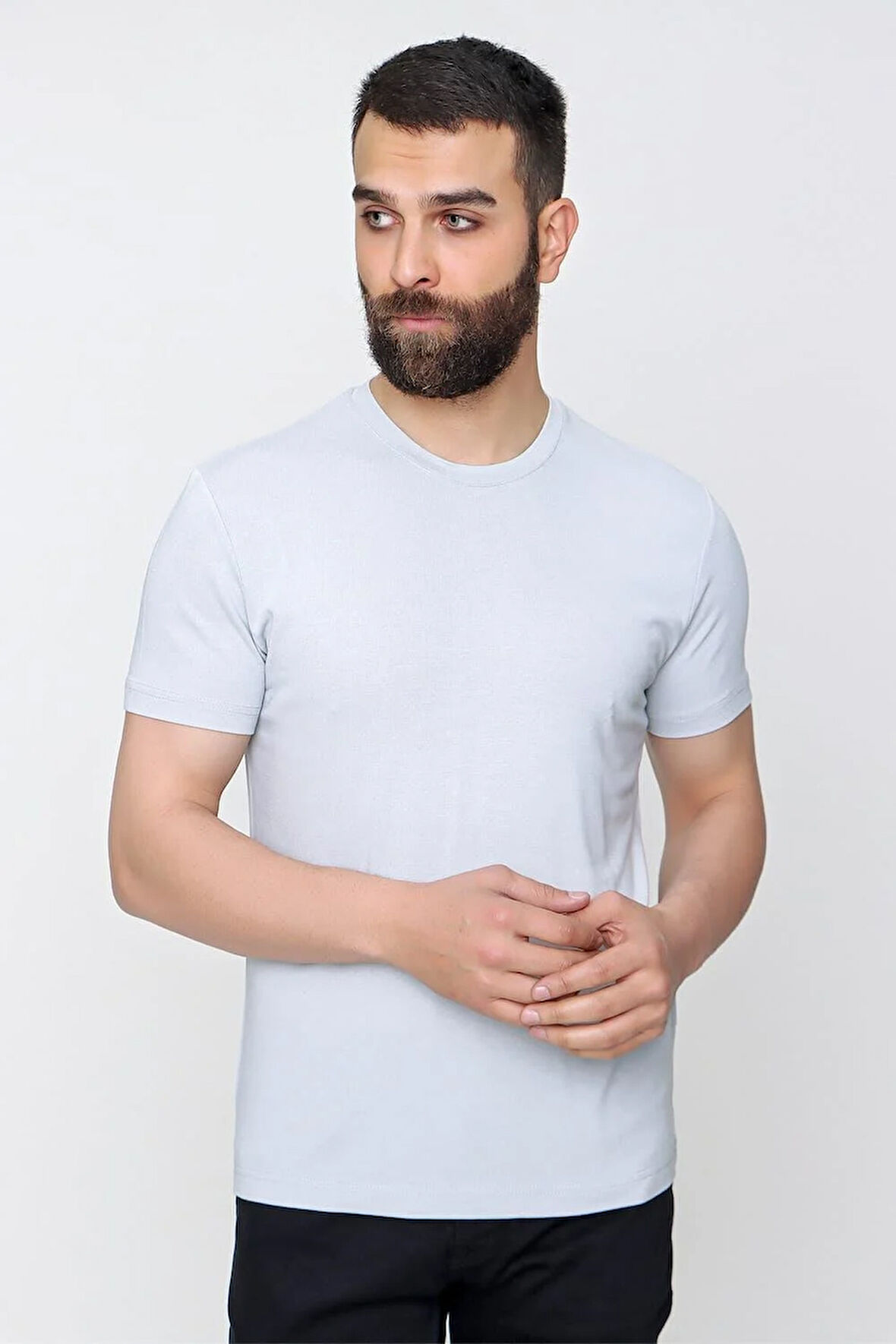 Ts 823 Slim Fit Bisiklet Yaka Düz Pamuklu Gri Tişört