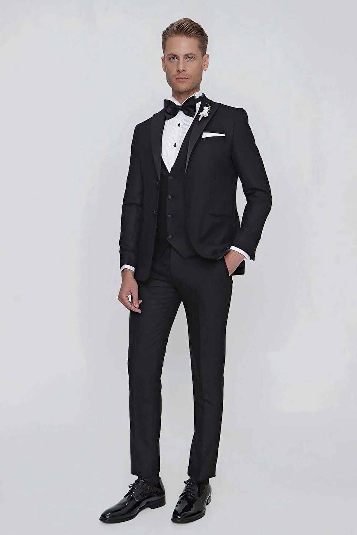 Black 063 Slim Fit Yelekli Çıkarılabilir Saten Yaka Siyah Damatlık Smokin Takım