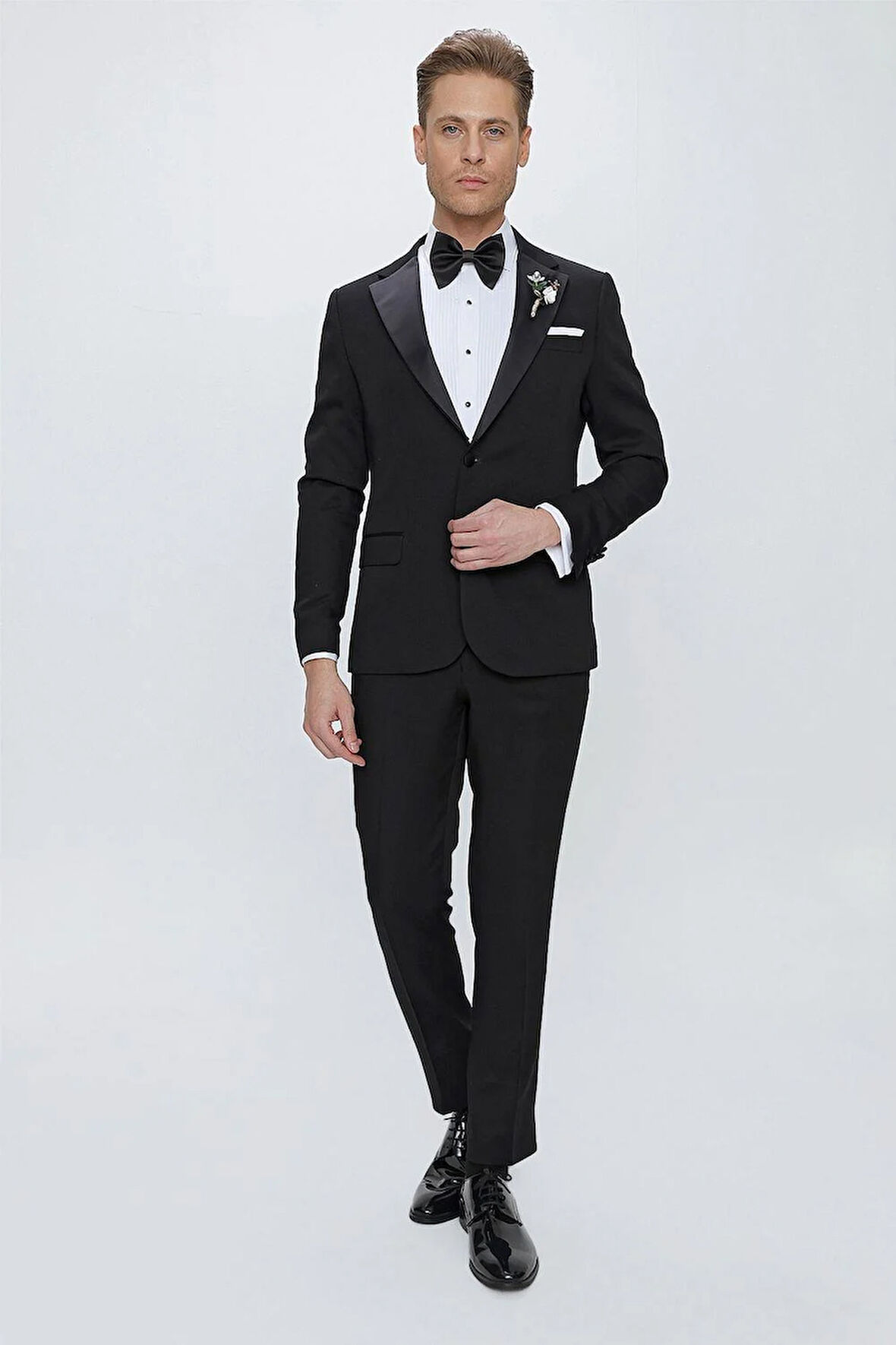 Black 067 Slim Fit Çıkma Saten Yaka Siyah Damatlık Smokin Takım