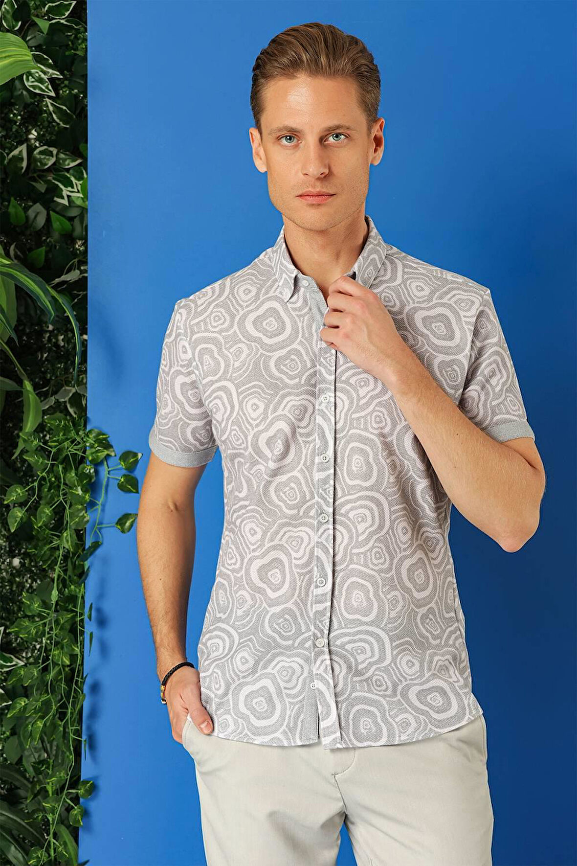 G 1503 Slim Fit Düğmeli Yaka Desenli Kısa Kol Pamuk Gri Gömlek