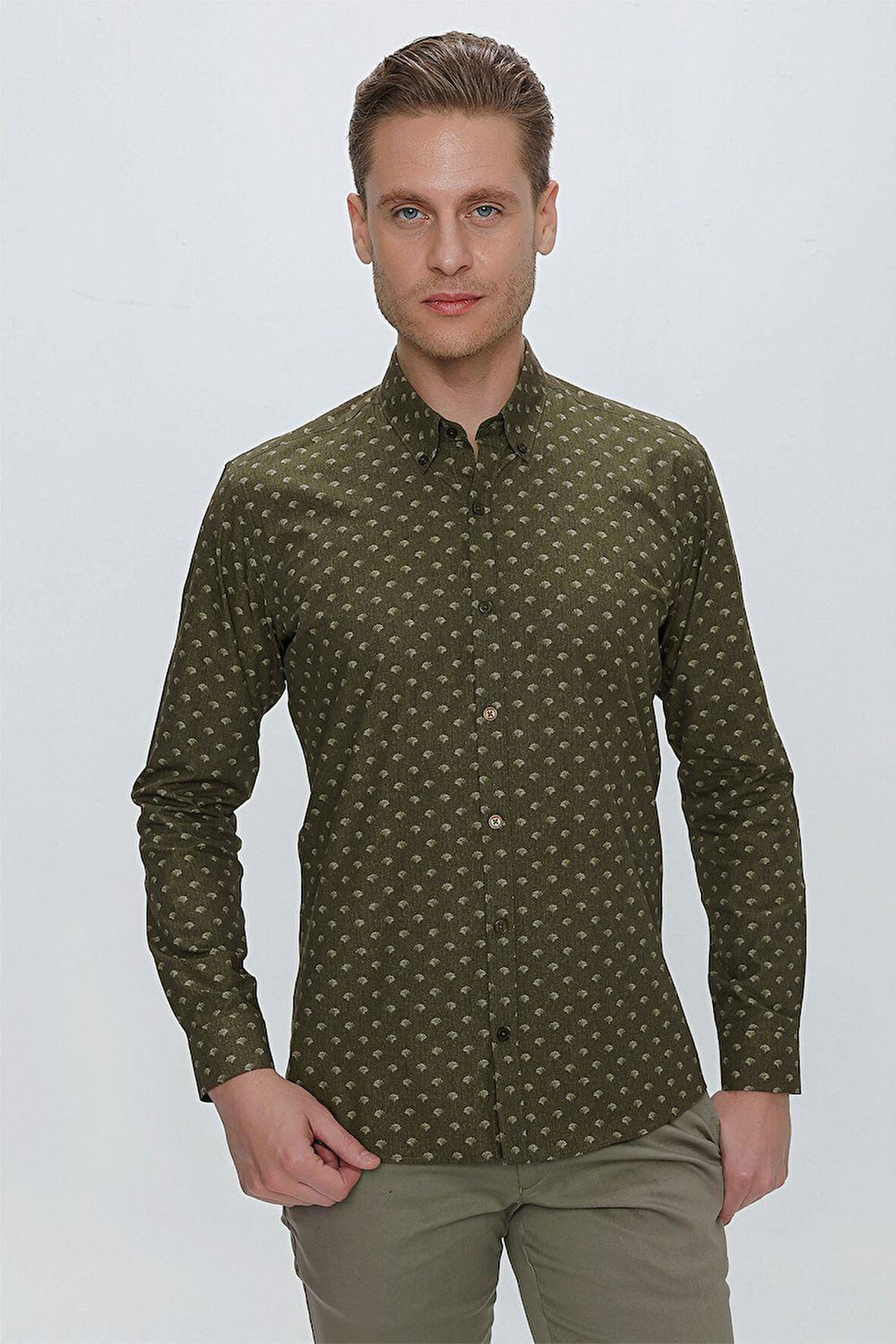 G 1518 Slim Fit Haki Spor Gömlek