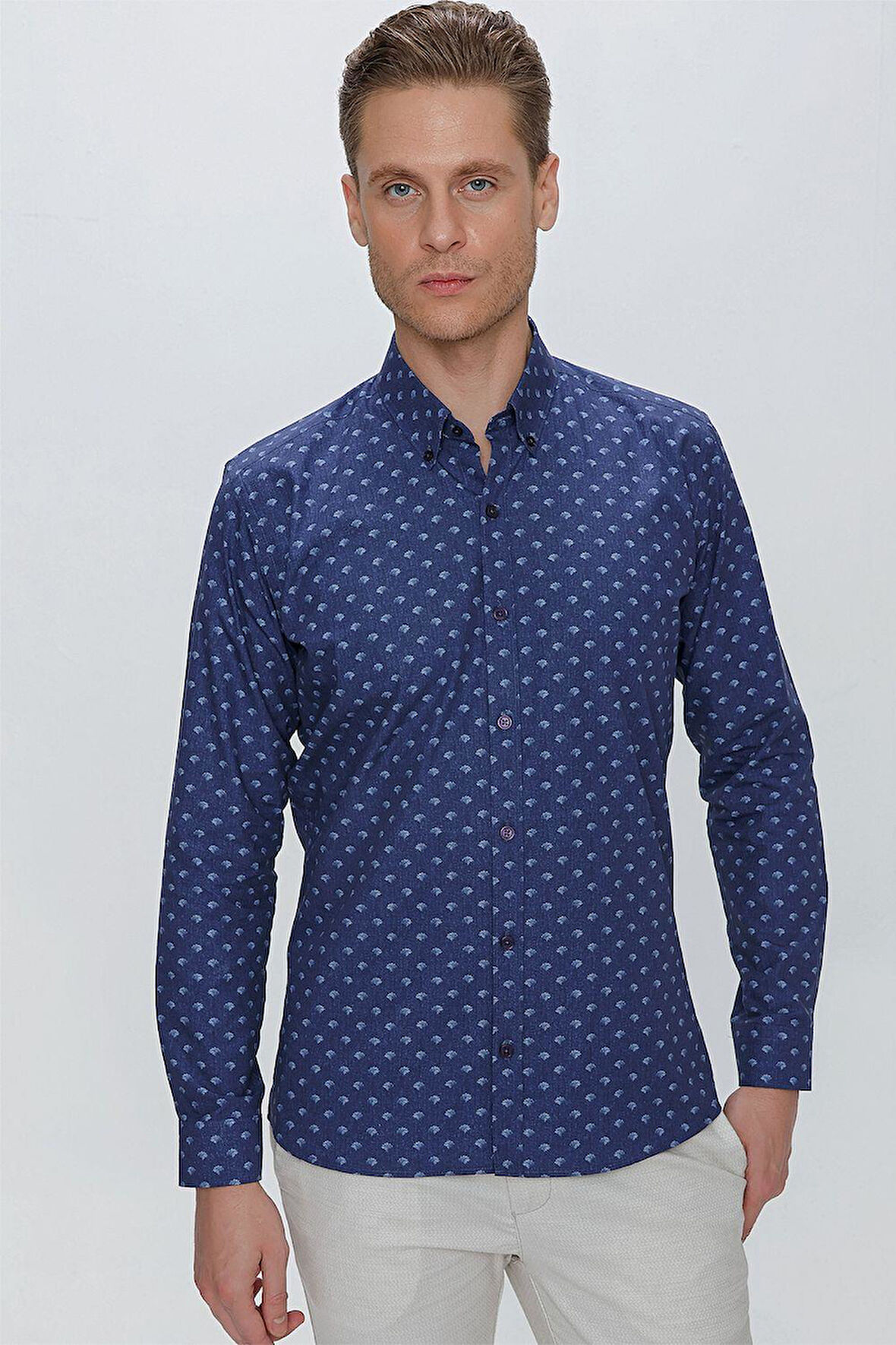 G 1518 Slim Fit Lacivert Spor Gömlek