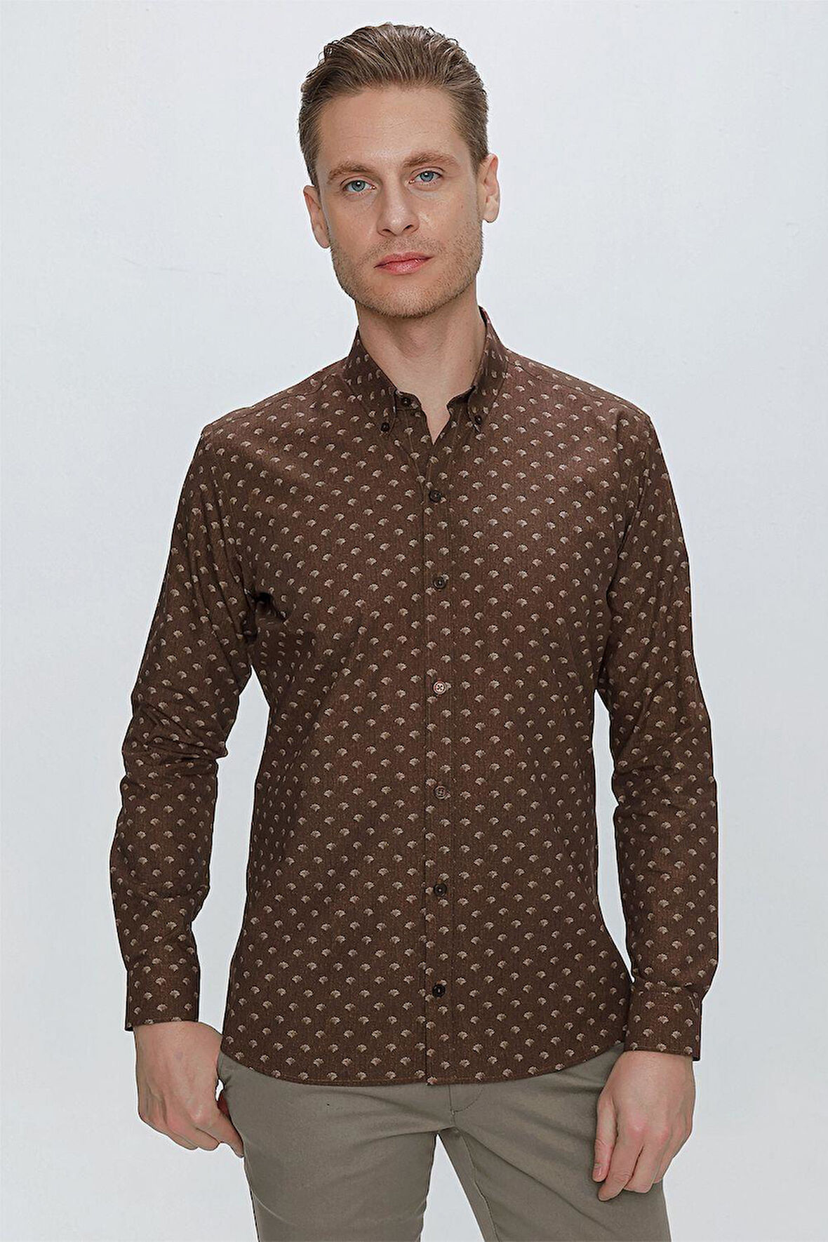 G 1518 Slim Fit Kahve Spor Gömlek