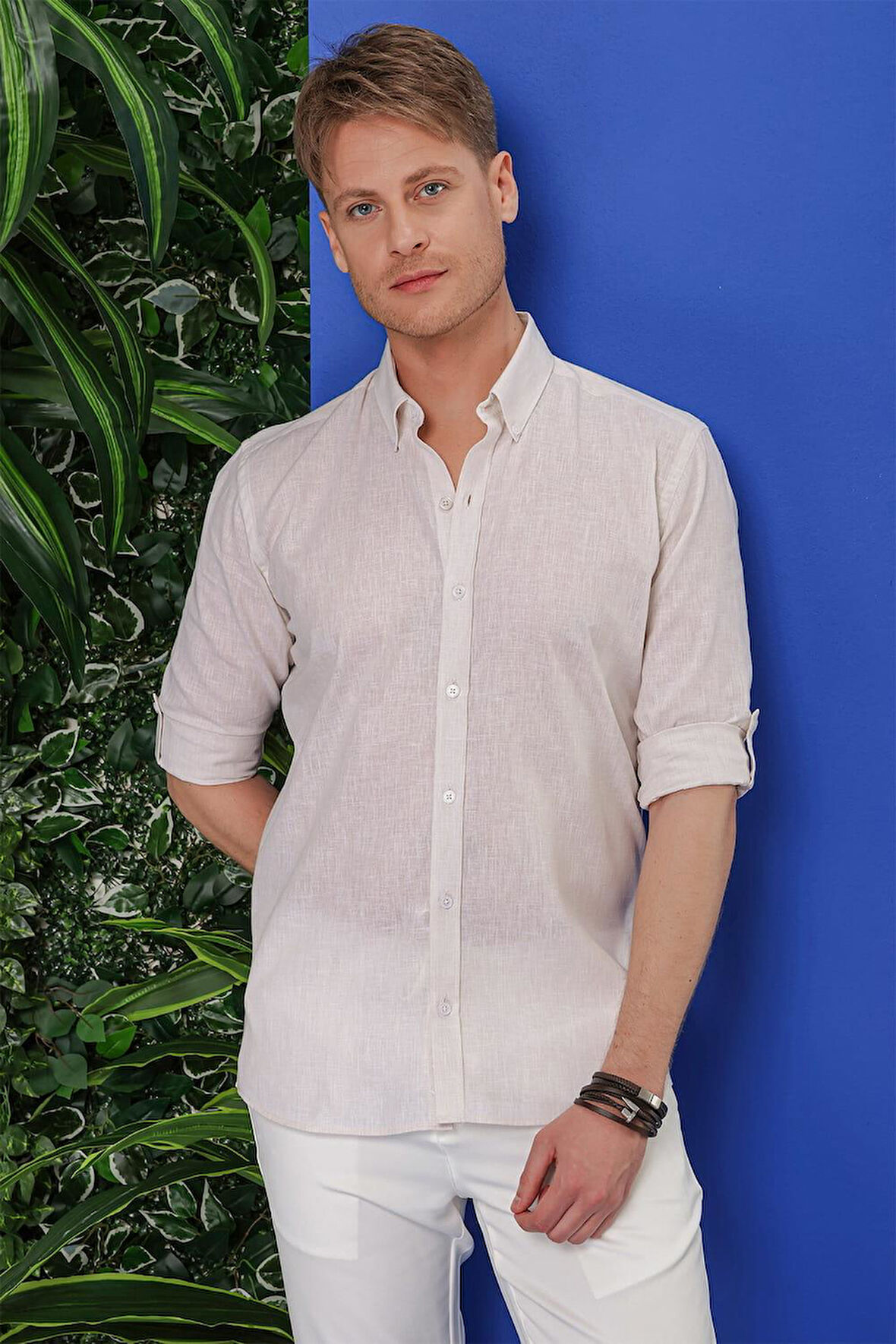 G 1554 Slim Fit Bej Klasik Gömlek