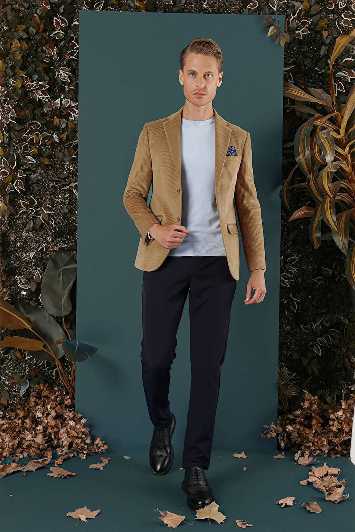 Camel Kadife Slim Fit Çift Yırtmaçlı Mono Yaka Casuel Ceket 