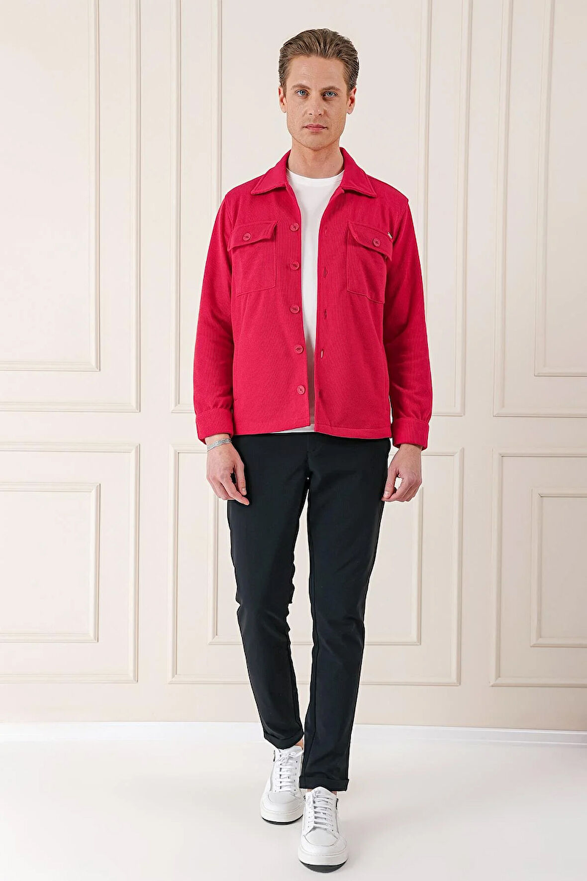 G 1561 Comfort Fit Kapaklı Cep Fitilli Dokuma Esnek Pamuk Kırmızı Gömlek Ceket