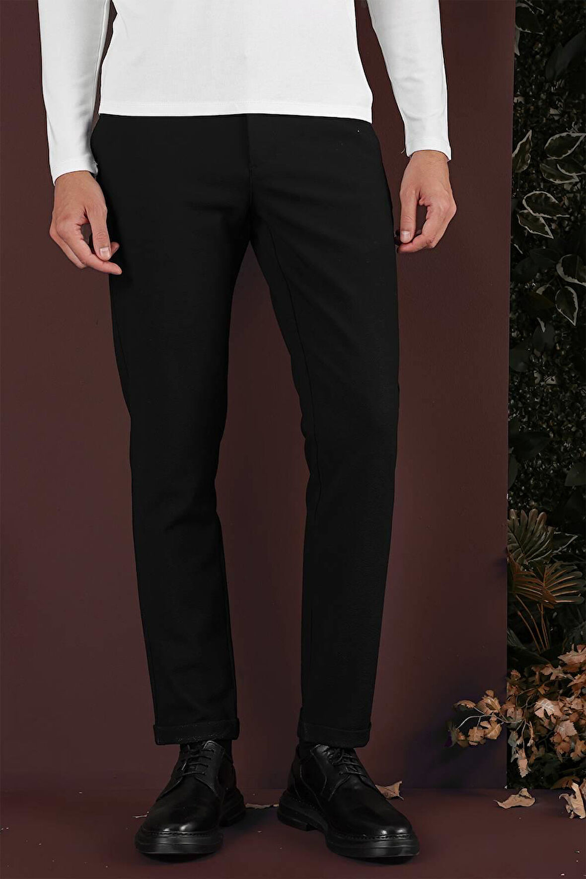 Slim Fit Yan Cepli Dokulu Esnek Casual Siyah Pantolon P 1139