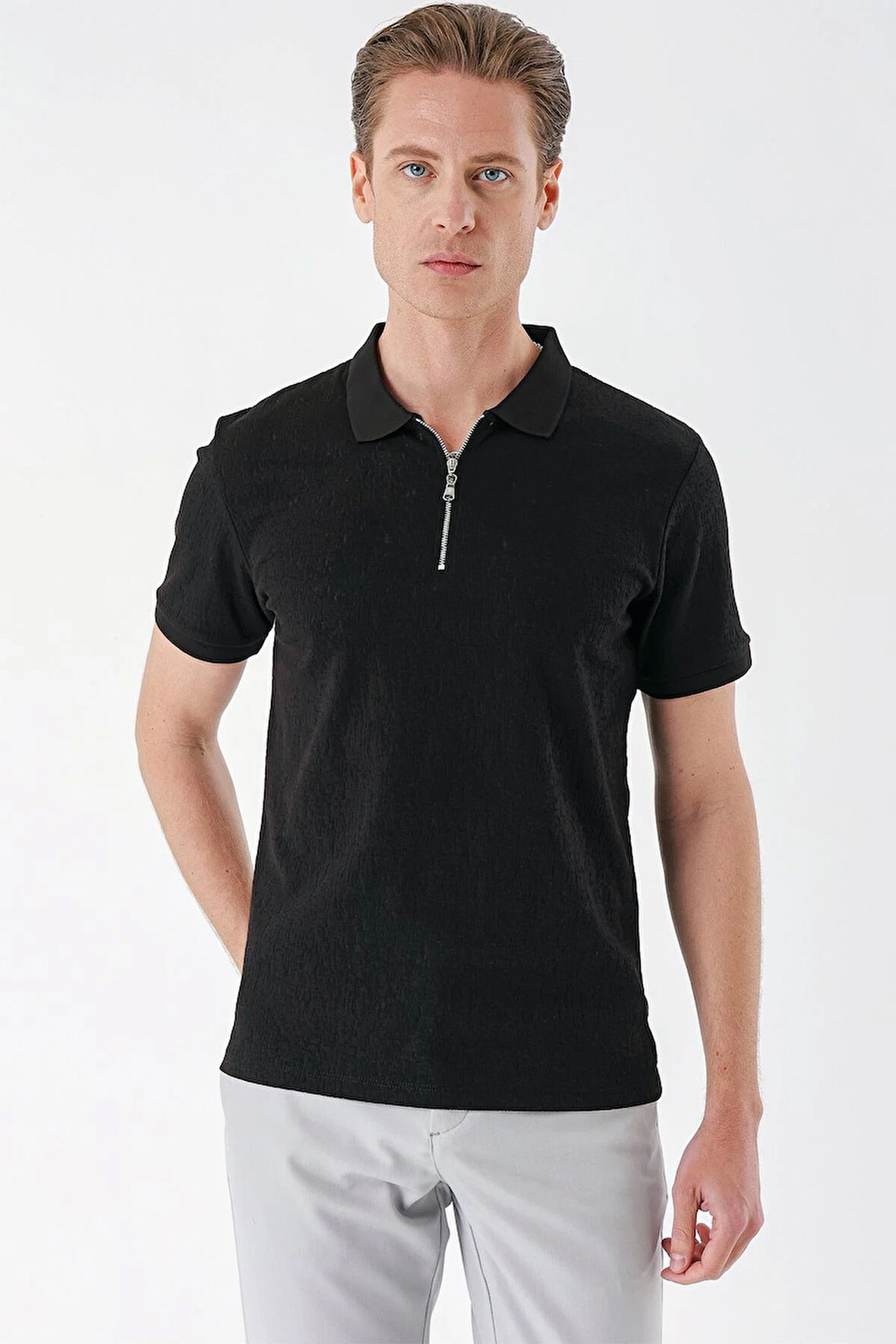 Ts 877 Slim Fit Fermuarlı Polo Yaka %100 Pamuk Siyah Tişört