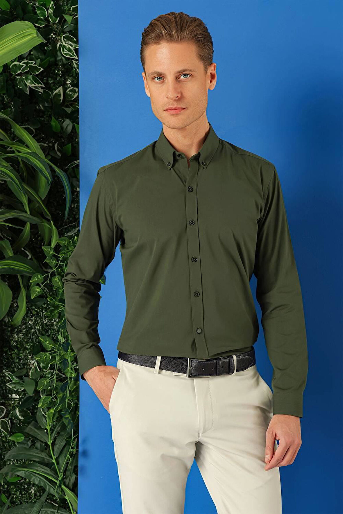 Gk 715 Slim Fit Düğmeli Yaka Pamuklu Klasik Haki Gömlek