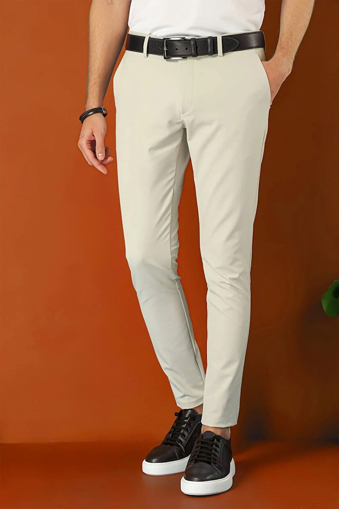 Slim Fit Yan Cepli Düz Esnek Casual Taş Pantolon P 1144