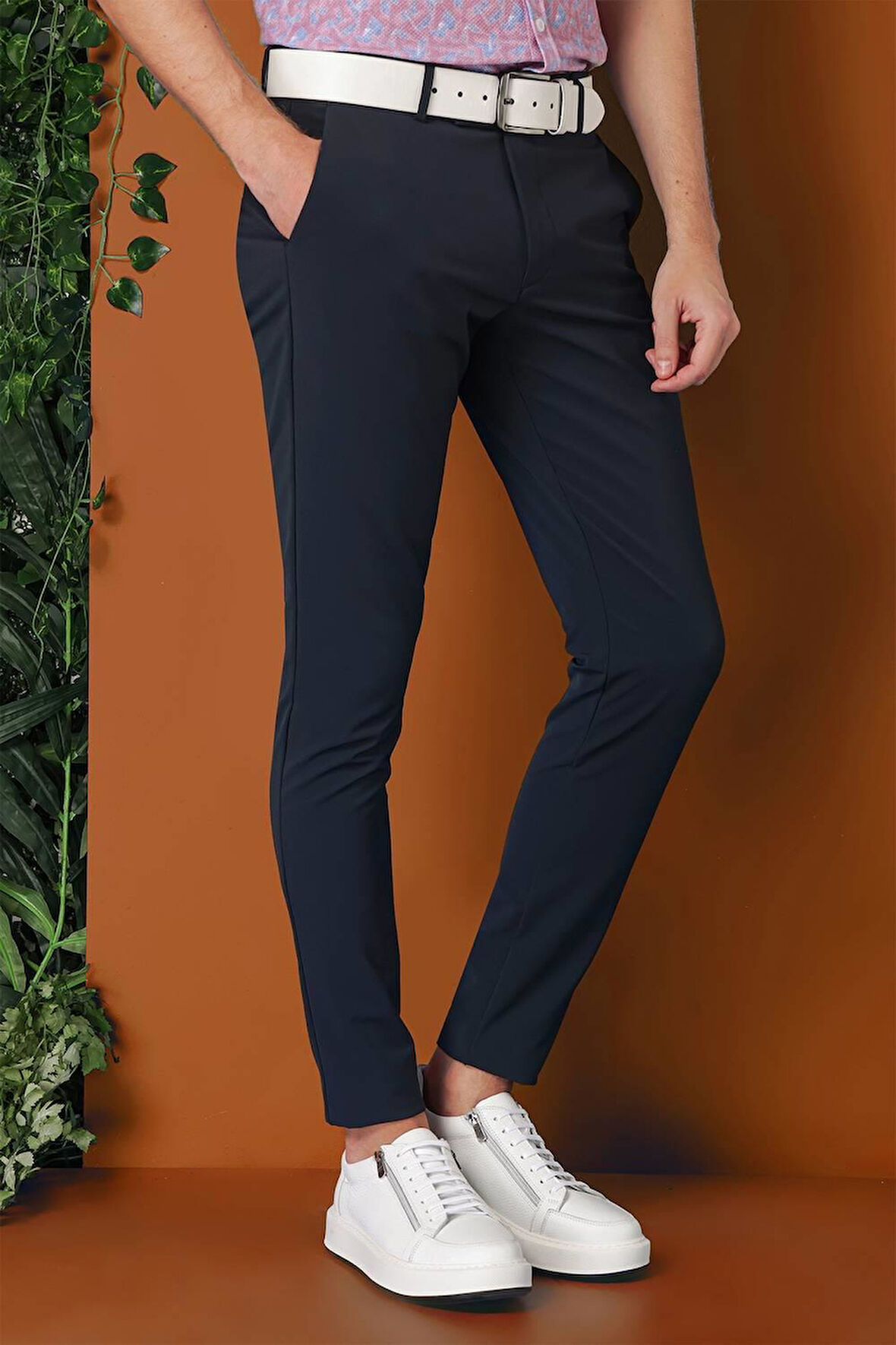 Slim Fit Yan Cepli Düz Esnek Casual Lacivert Pantolon P 1144