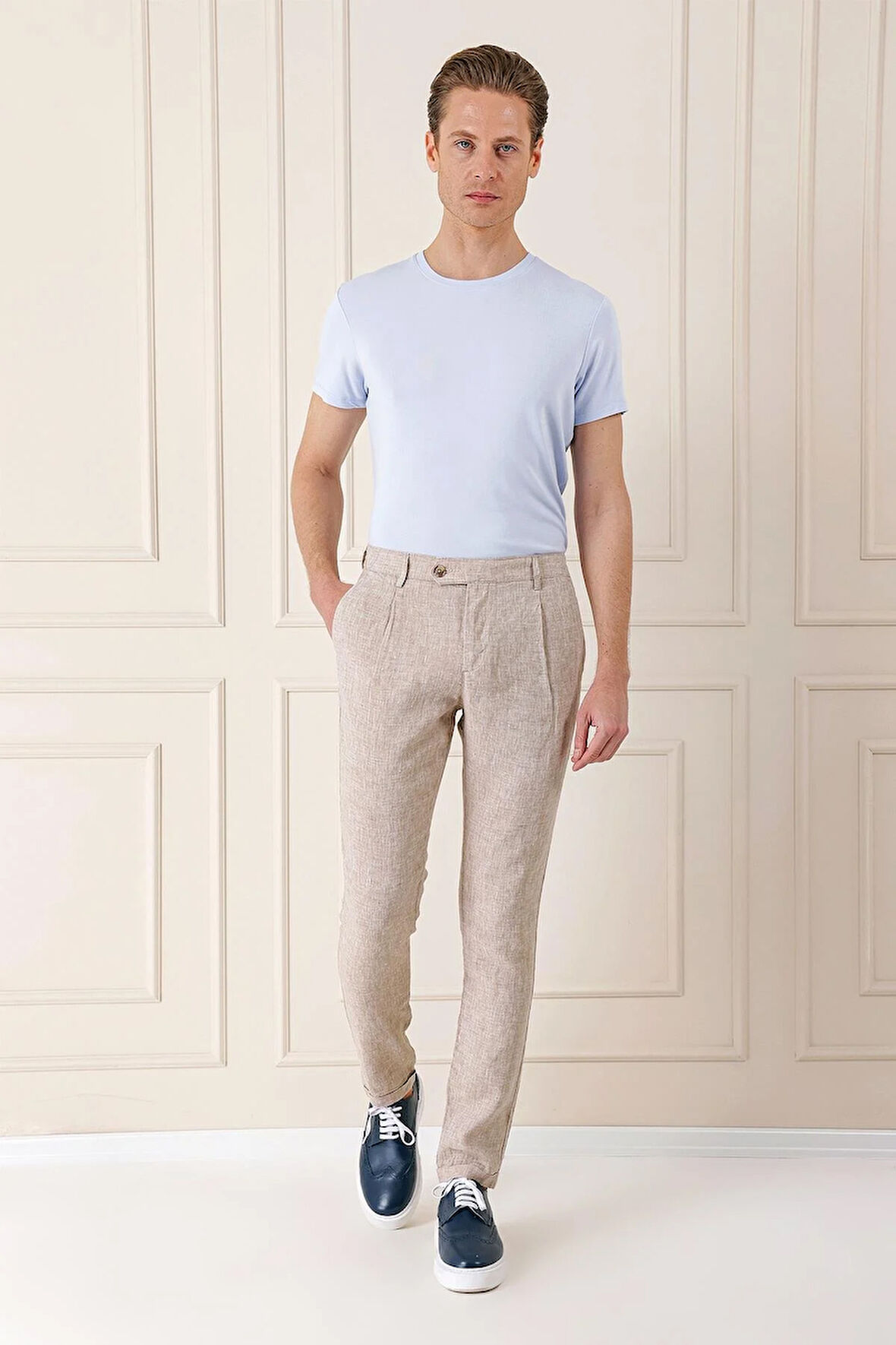 P 1145 Comfort Fit Beli Lastikli Pileli Keten Casuel Bej Pantolon