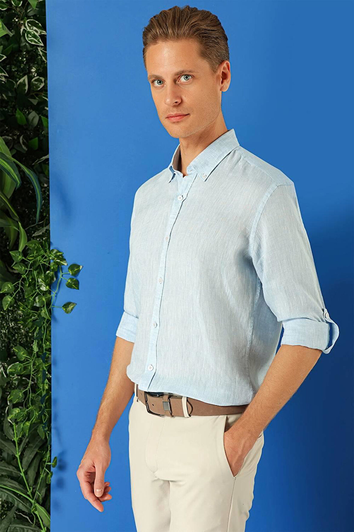 G 1564 Comfort Fit Düğmeli Yaka %100 Keten Apoletli Casuel Mavi Gömlek