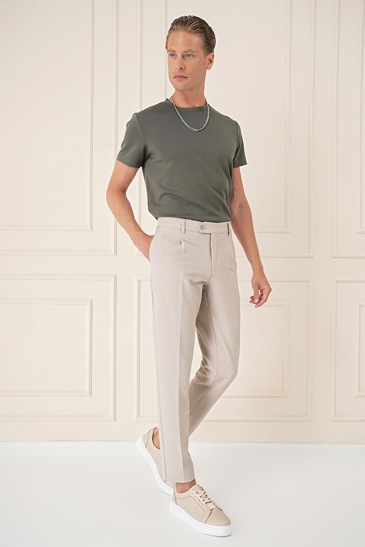 P 1148 Comfort Fit Gofre Kumaş Pileli Pamuk Casuel Bej Pantolon