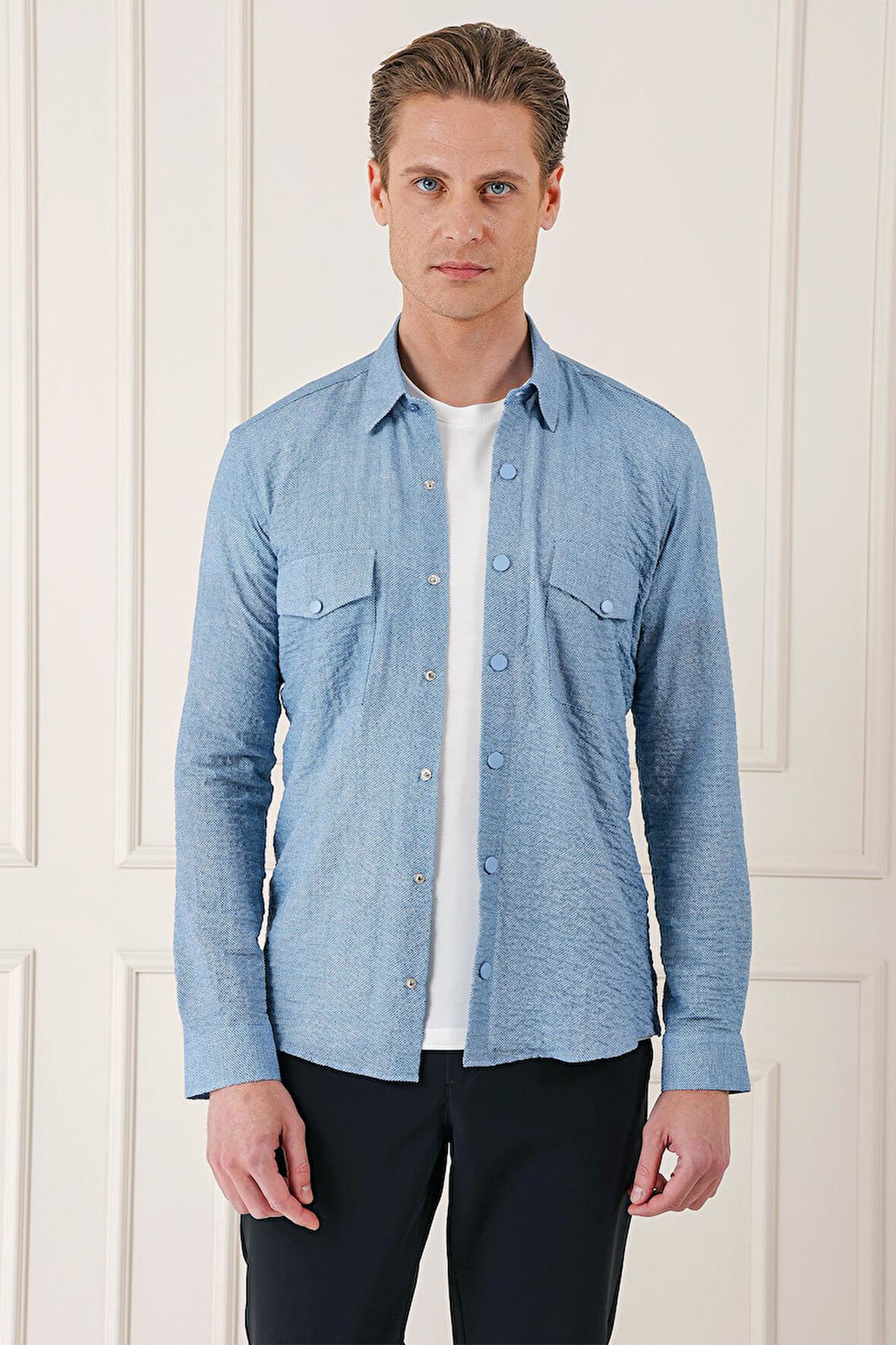 G 1569 Kapaklı Cep Batik Desenli %100 Pamuk Çıtçıtlı Mavi Gömlek