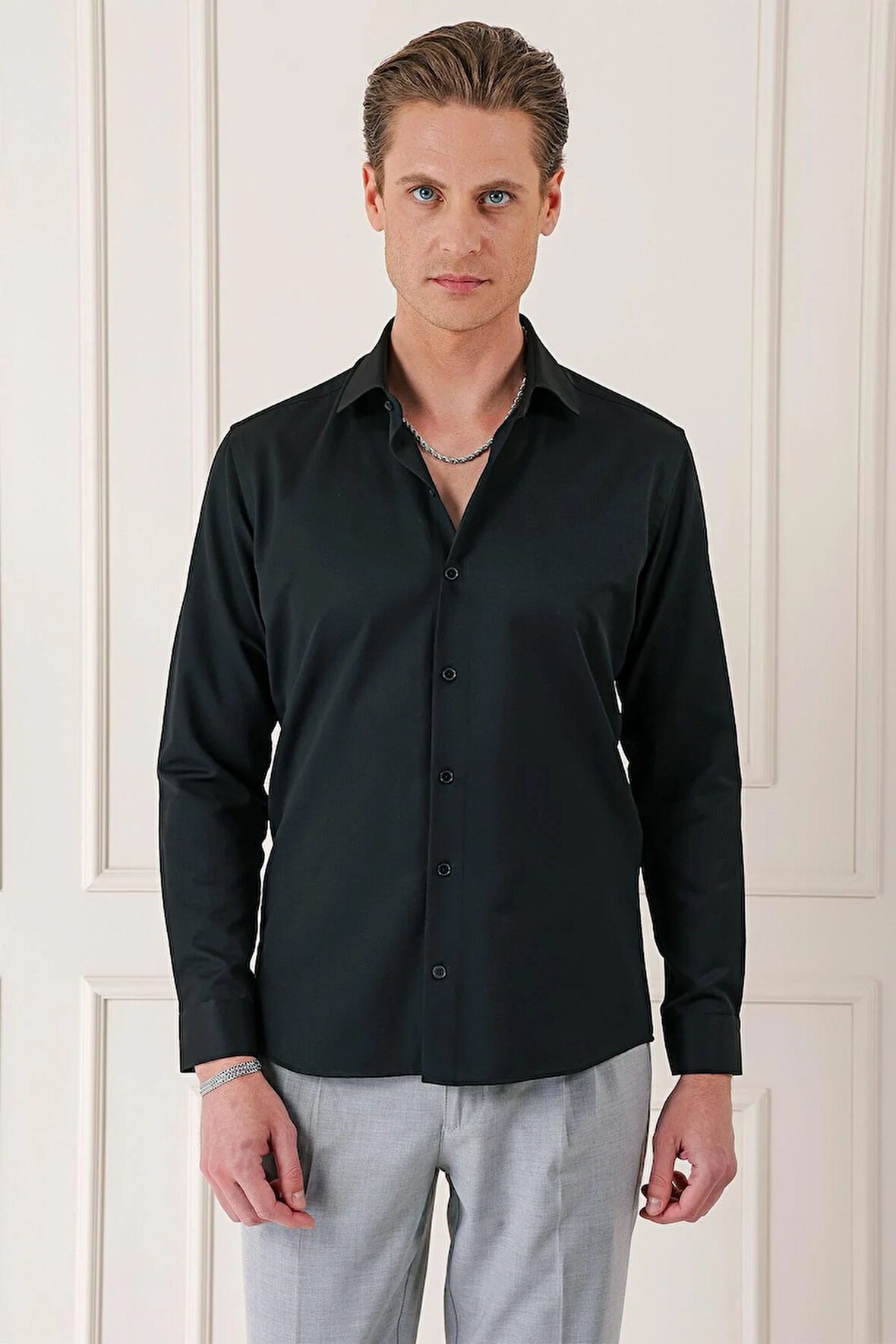 Gk 718 Slim Fit Dokulu Pamuklu Klasik Siyah Gömlek