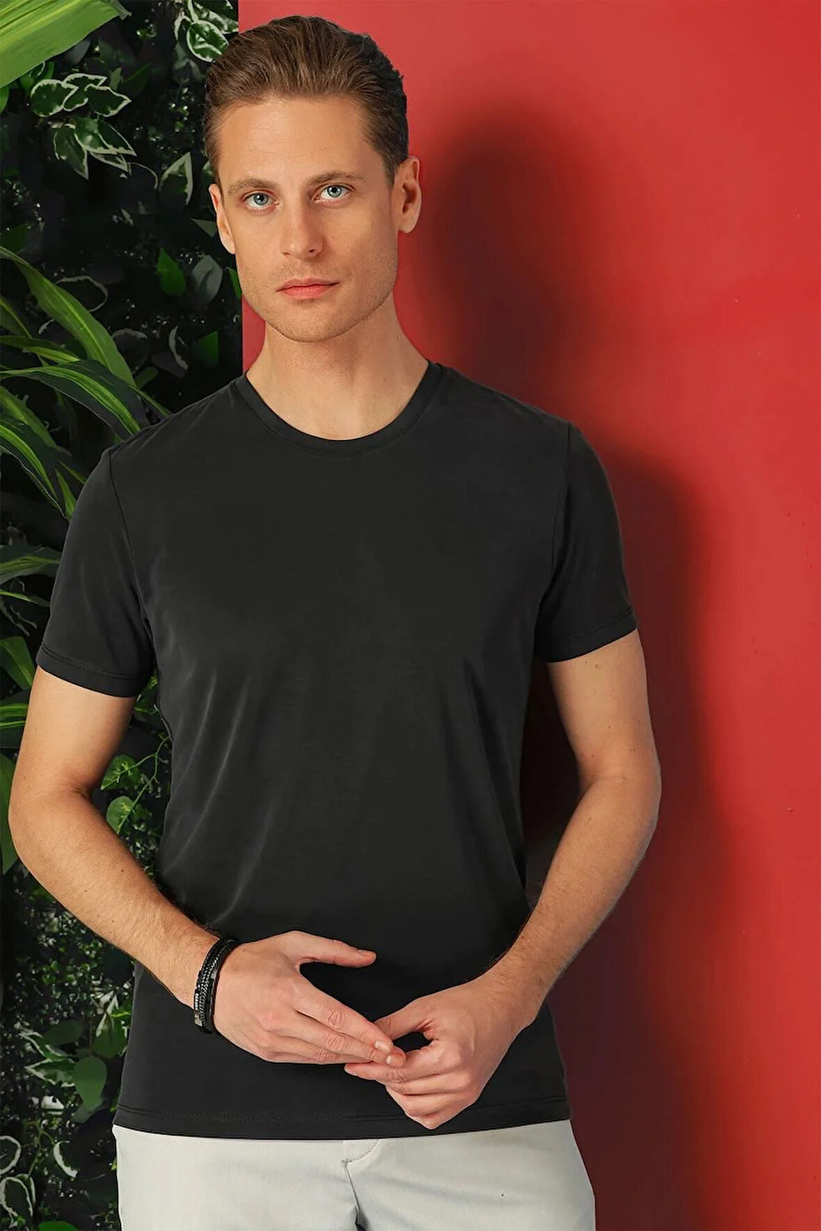 Ts 878 Slim Fit Bisiklet Yaka %100 Pamuk Antrasit Tişört