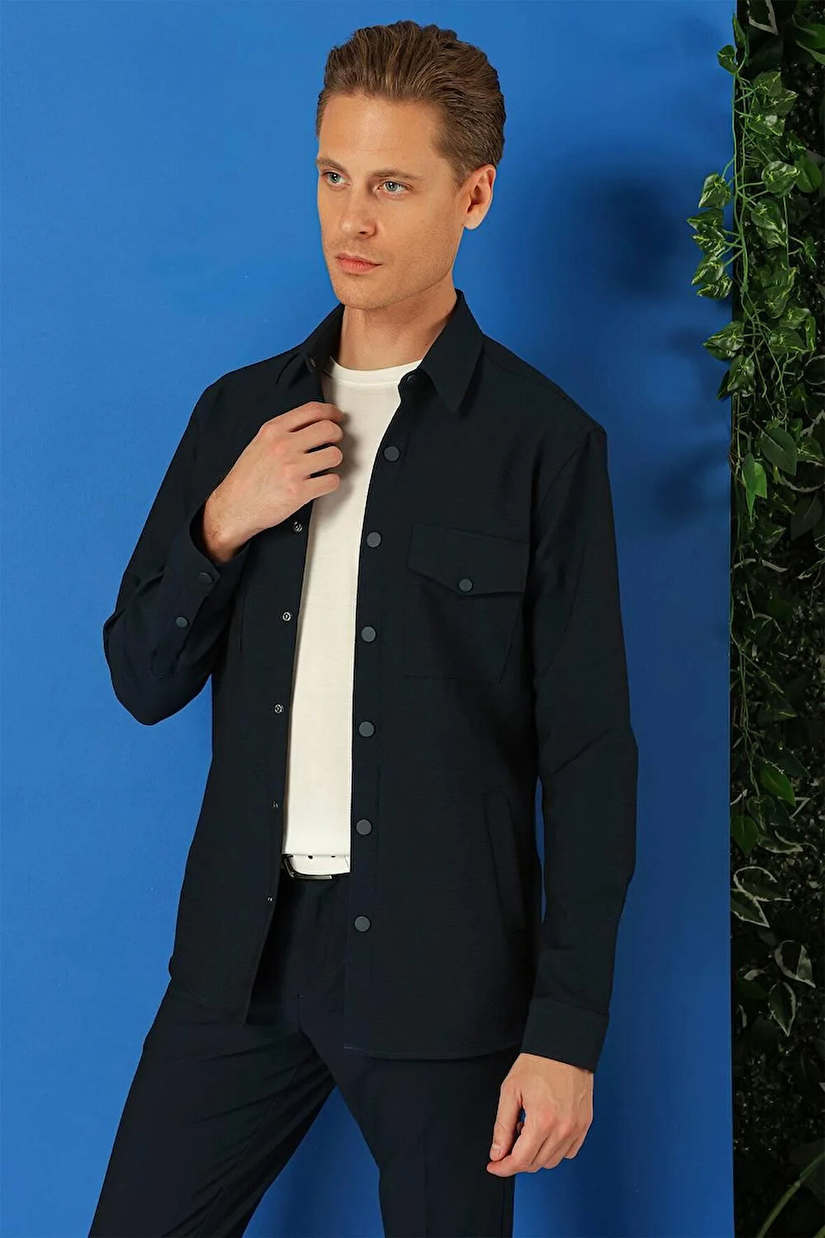 G 1565 Comfort Fit Yan Cep Çıtçıtlı Esnek Pamuk Lacivert Gömlek Ceket