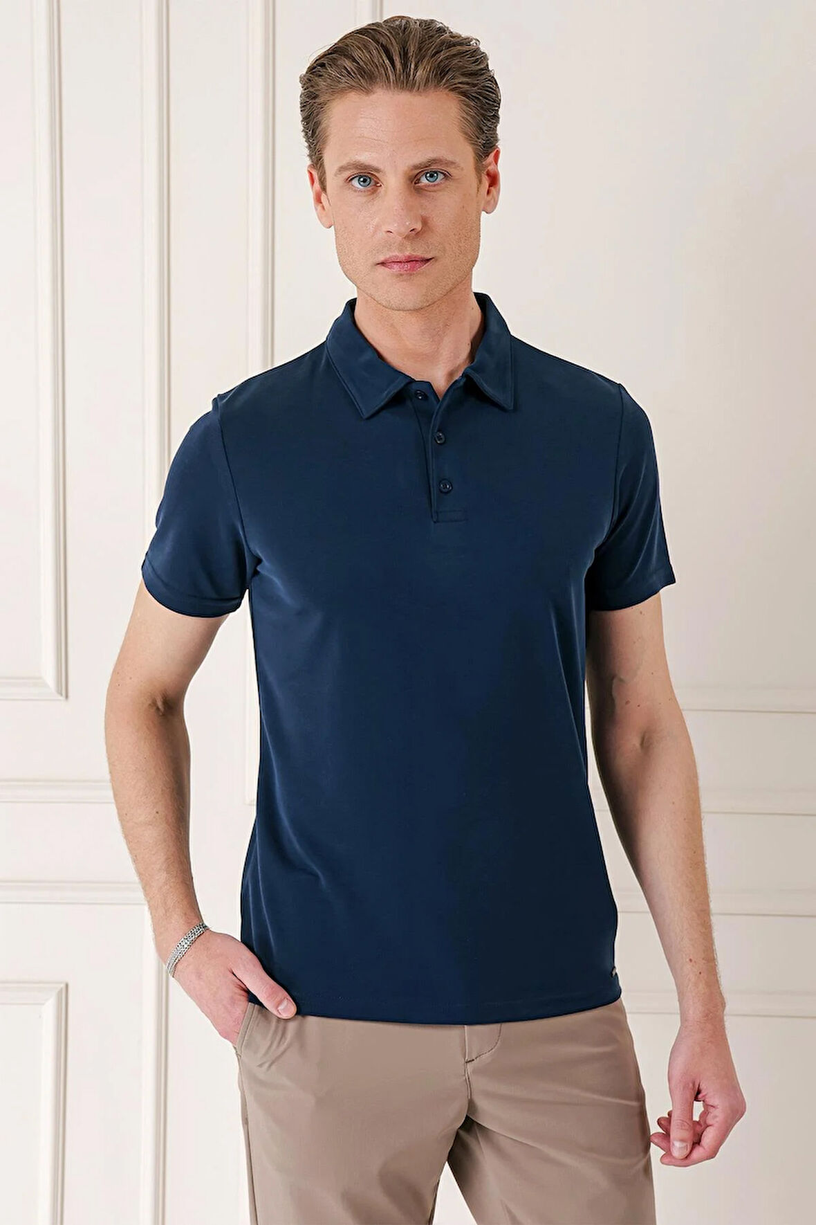 Ts 879 Slim Fit Düğmeli Polo Yaka Pamuklu Lacivert Tişört