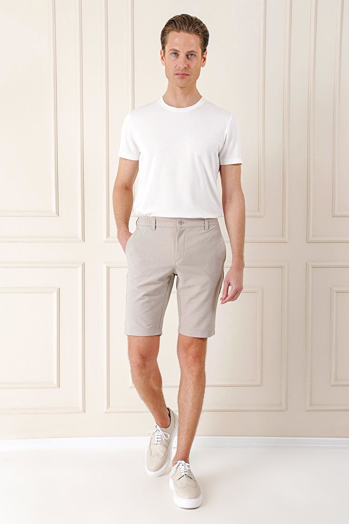 Bermuda 034 Slim Fit Beli Lastikli Gofre Pamuklu Casuel Taş Şort