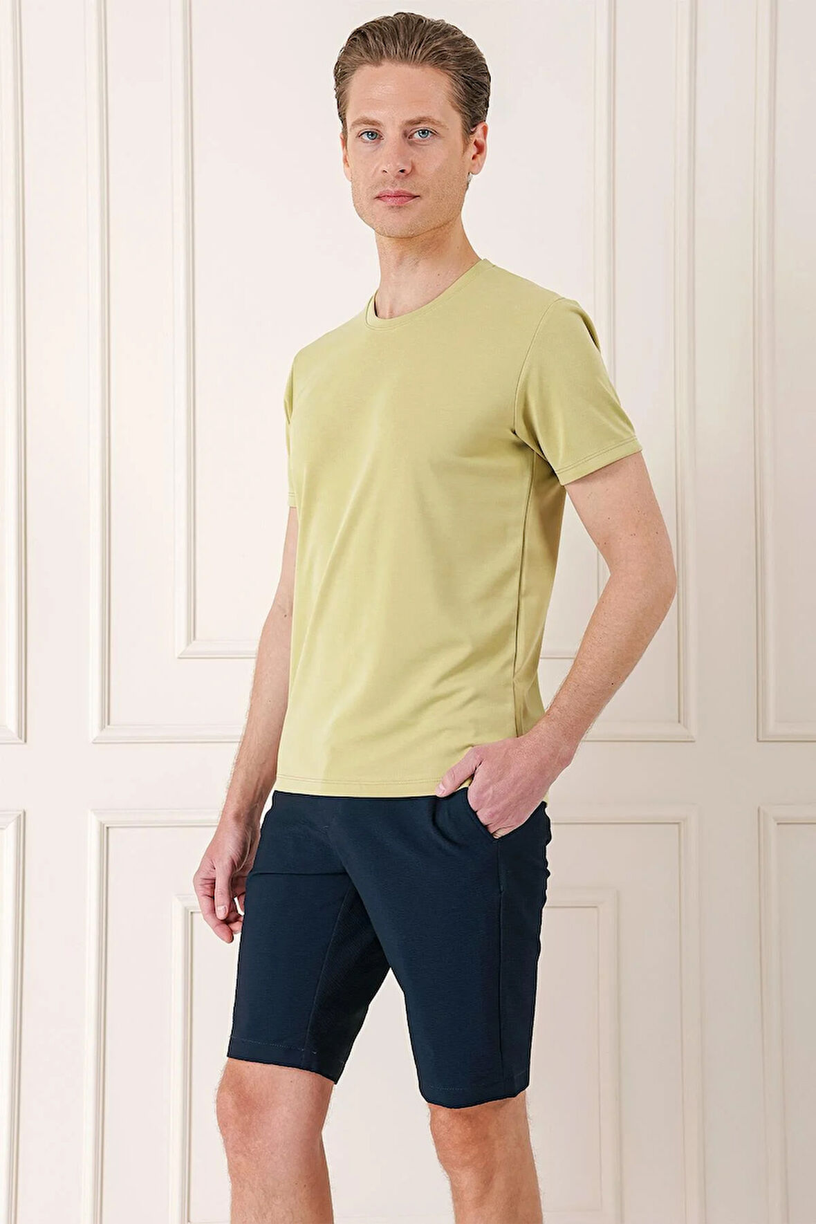 Bermuda 034 Slim Fit Beli Lastikli Gofre Pamuklu Casuel Lacivert Şort