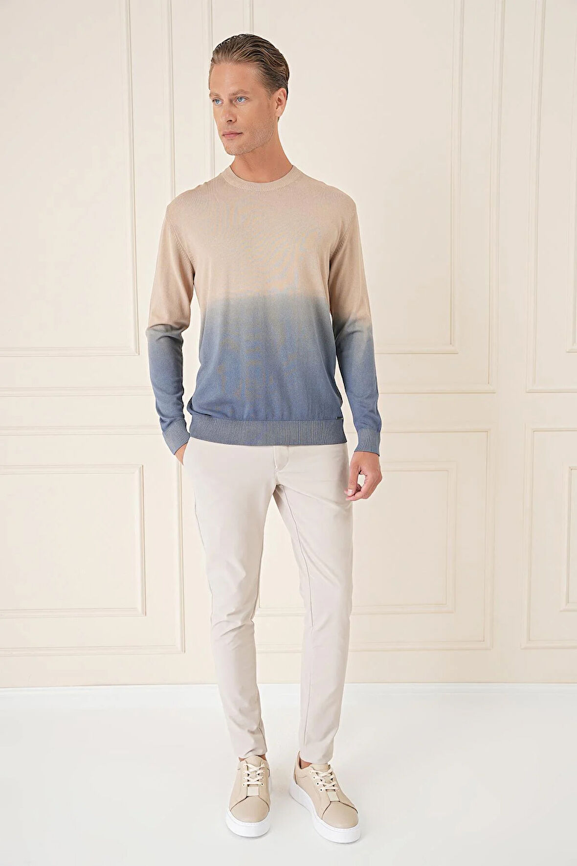 Tr 866 Slim Fit Degrade Desen Bisiklet Yaka Mavi Triko