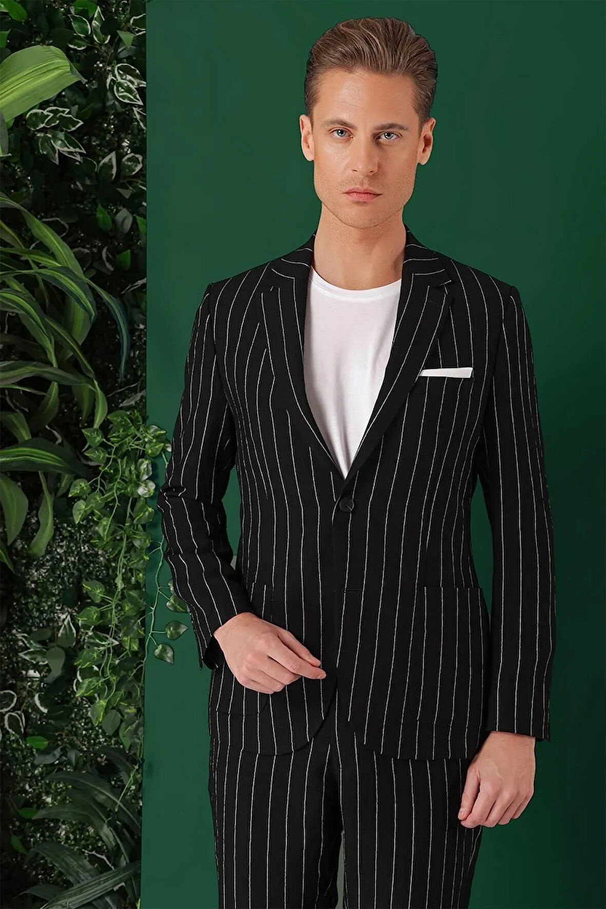 C 671 Comfort Fit Çift Yırtmaç İtalyan Çizgili Keten Casuel Siyah Ceket