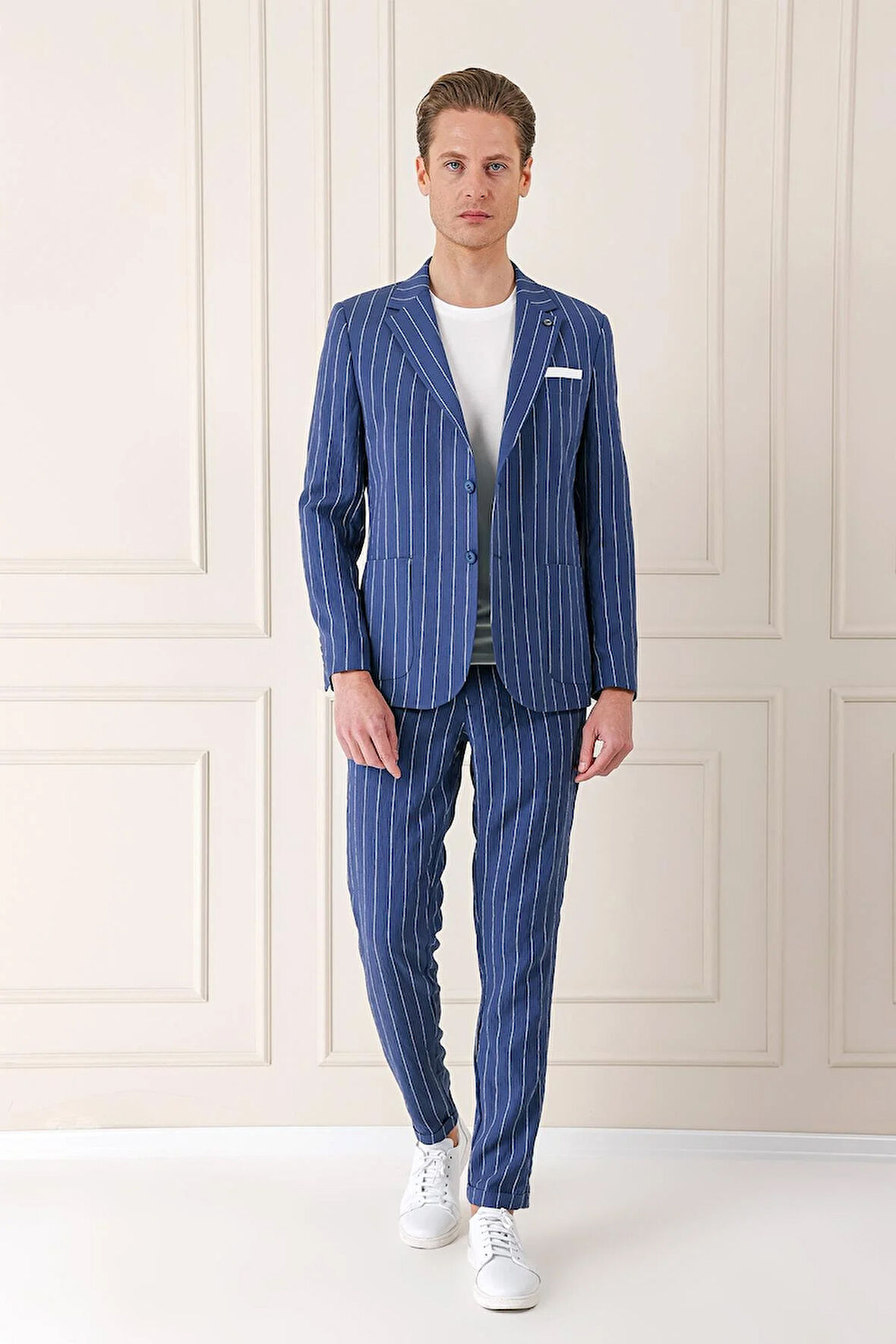 C 671 Comfort Fit Çift Yırtmaç İtalyan Çizgili Keten Casuel İndigo Ceket