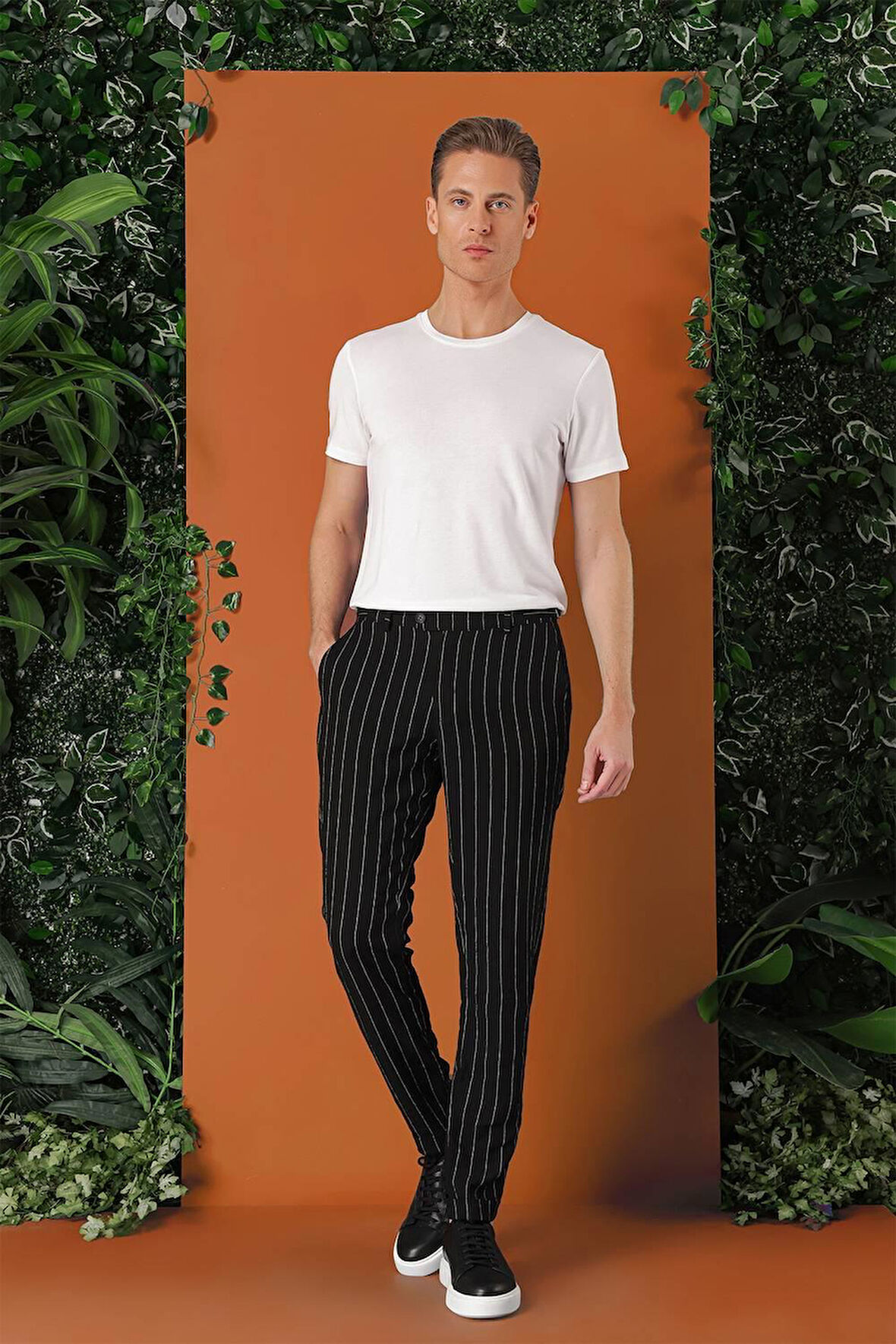 P 1151 Comfort Fit Yandan Tokalı Çizgili Keten Casuel Siyah Pantolon