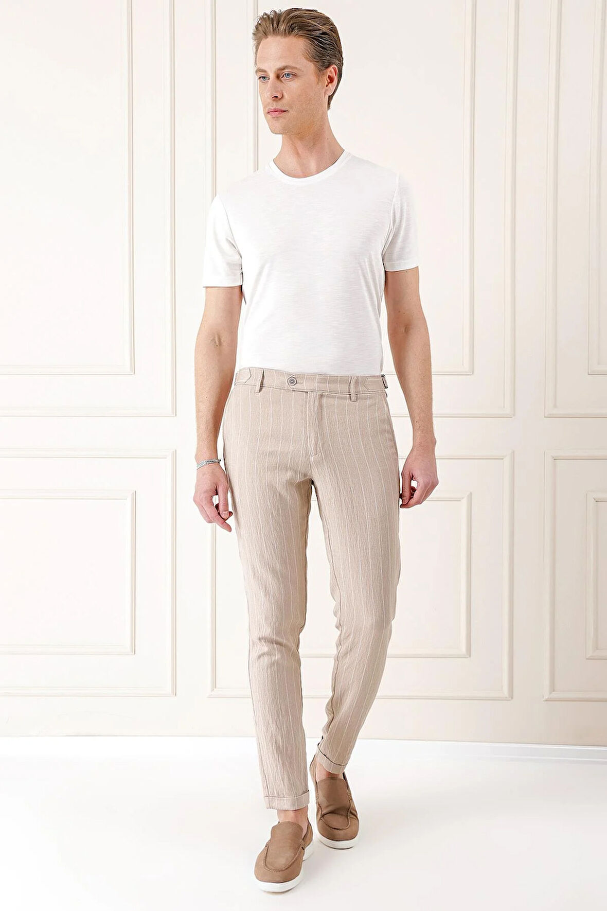 Comfort Fit Yandan Tokalı Çizgili Keten Casual Bej Pantolon P 1151