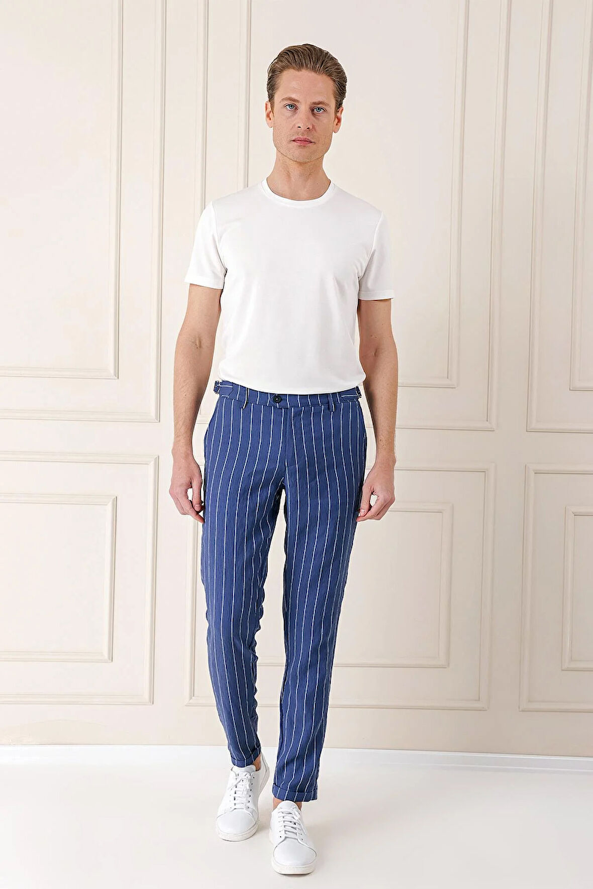 Comfort Fit Yandan Tokalı Çizgili Keten Casual İndigo Pantolon P 1151