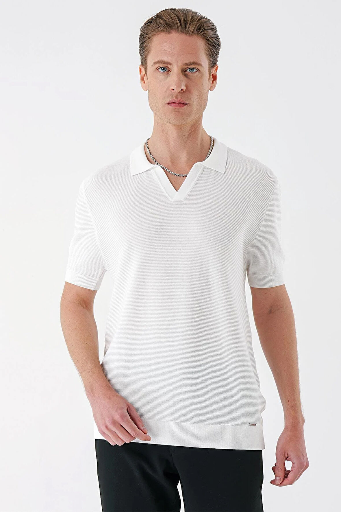 Tr 868 Slim Fit Polo Yaka Kısa Kol %100 Pamuk Beyaz Triko