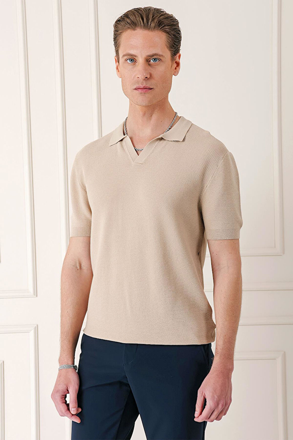 Tr 868 Slim Fit Polo Yaka Kısa Kol %100 Pamuk Bej Triko