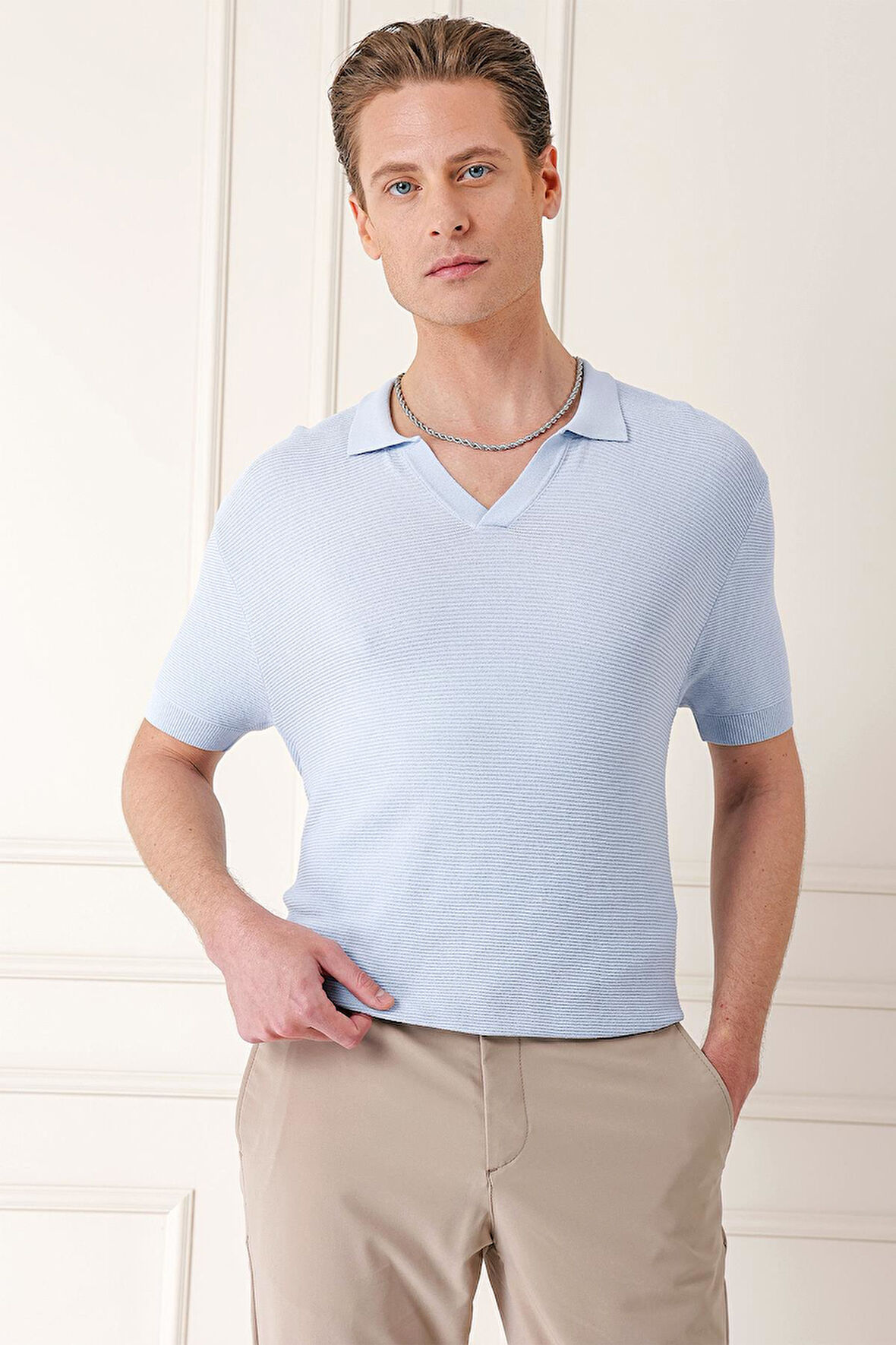 Tr 868 Slim Fit Polo Yaka Kısa Kol %100 Pamuk Mavi Triko