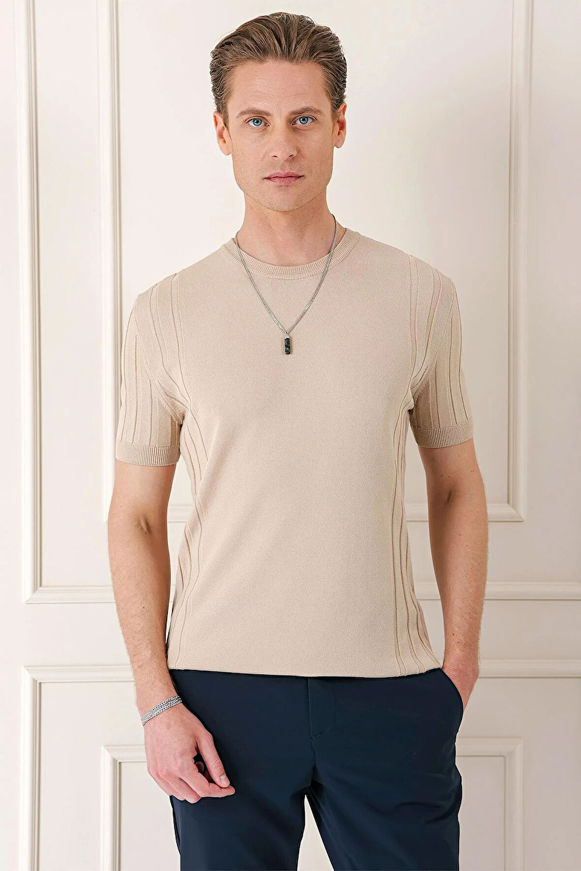 Tr 869 Slim Fit Bisiklet Yaka Kısa Kol Bej Triko