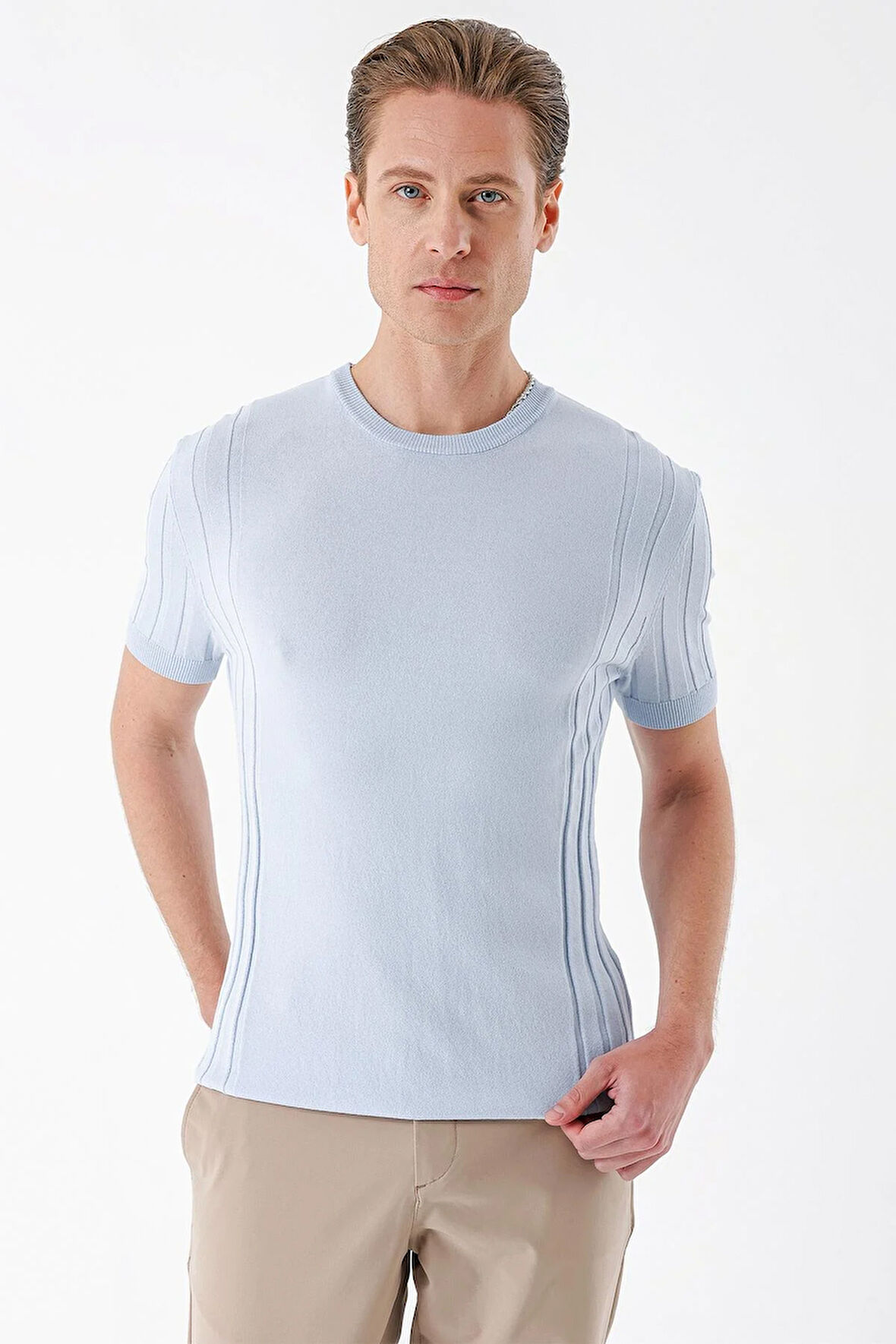 Tr 869 Slim Fit Bisiklet Yaka Kısa Kol Mavi Triko