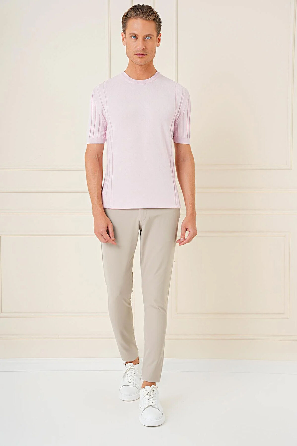 Tr 869 Slim Fit Bisiklet Yaka Kısa Kol Pembe Triko