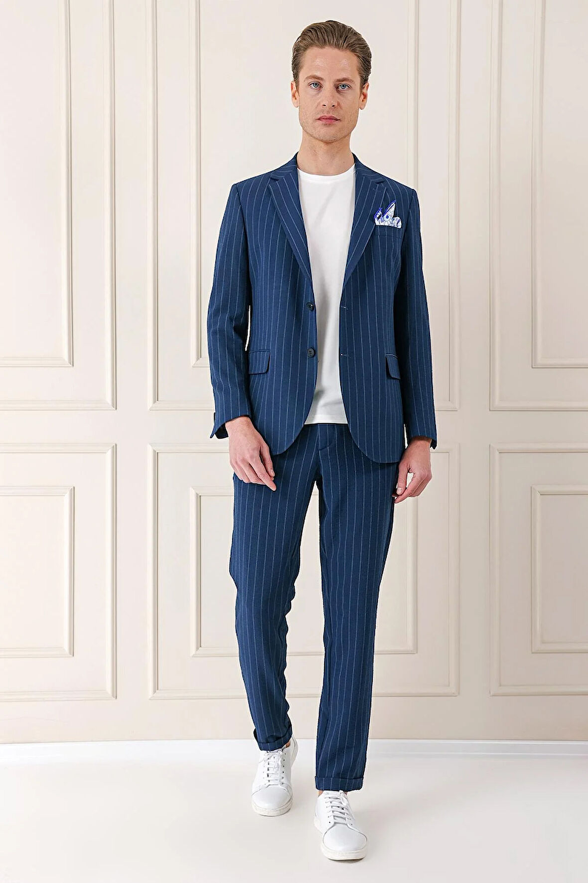 Comfort Fit Çift Yırtmaç Çizgili Pamuk Casual Lacivert Ceket C 674