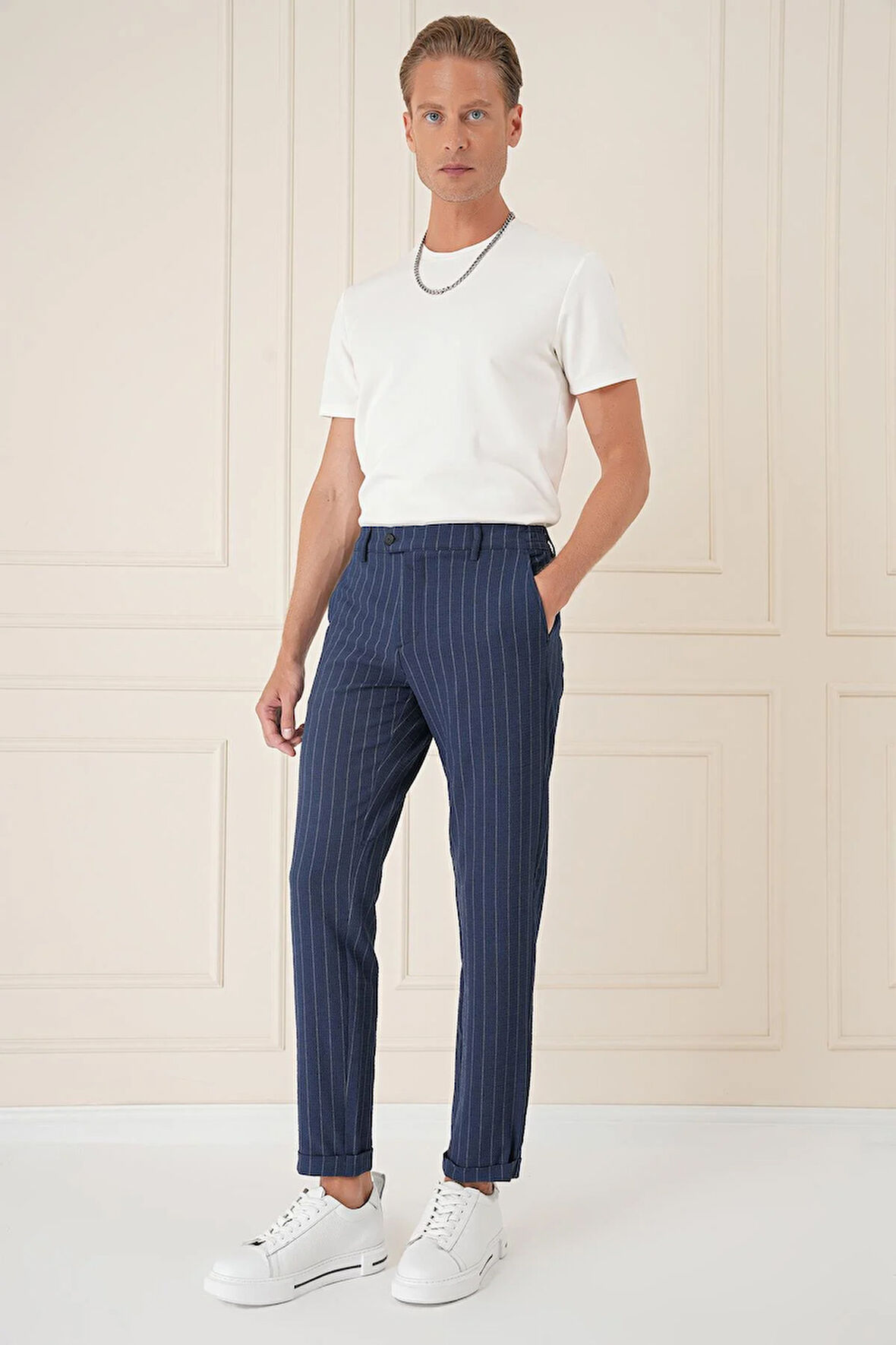 Comfort Fit Çizgili Gofre Kumaş Esnek Lacivert Pamuk Pantolon P 1157