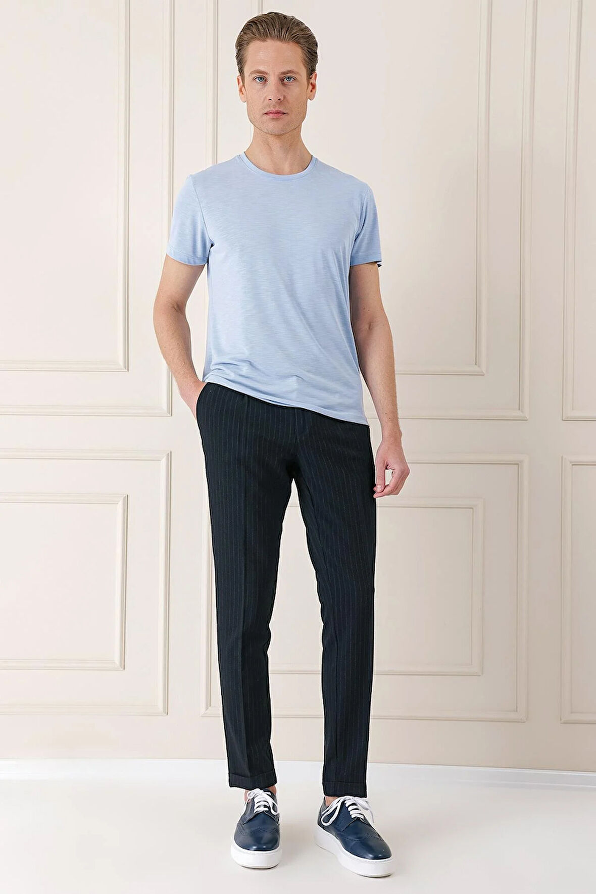 Comfort Fit Pileli İtalyan Çizgili Esnek Pamuk Casual Siyah Pantolon  P 1156