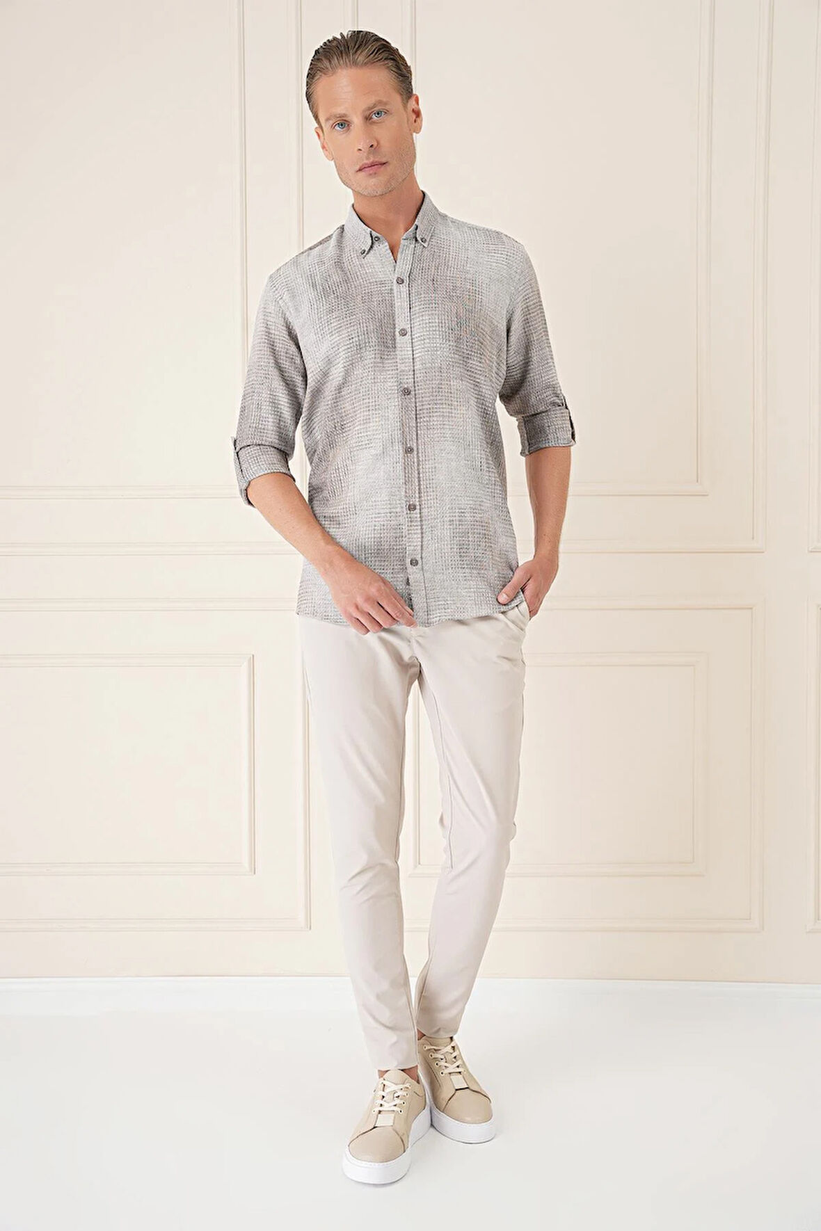 G 1571 Comfort Fit Batik Desen %100 Keten Bej Gömlek