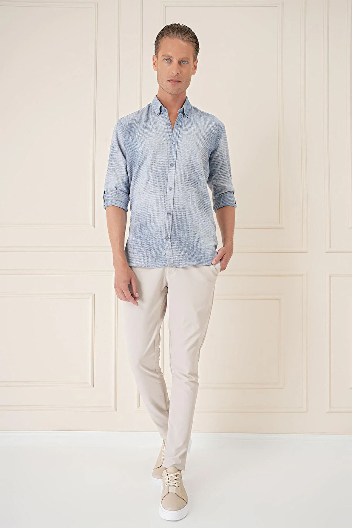 G 1571 Comfort Fit Batik Desen %100 Keten Mavi Gömlek