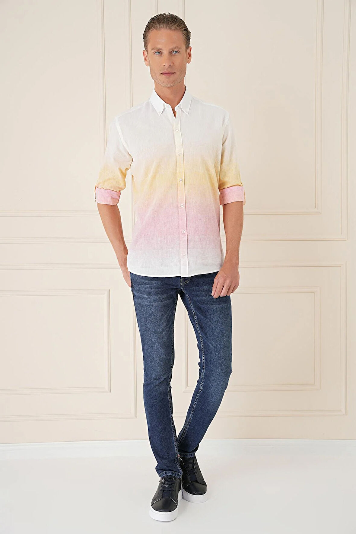 G 1572 Comfort Fit Degrade Desen Apoletli %100 Keten Pembe Gömlek