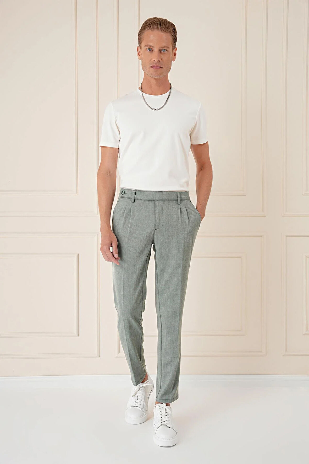 P 1158 Comfort Fit Çift Pileli Dokulu Esnek Pamuk Yeşil Pantolon