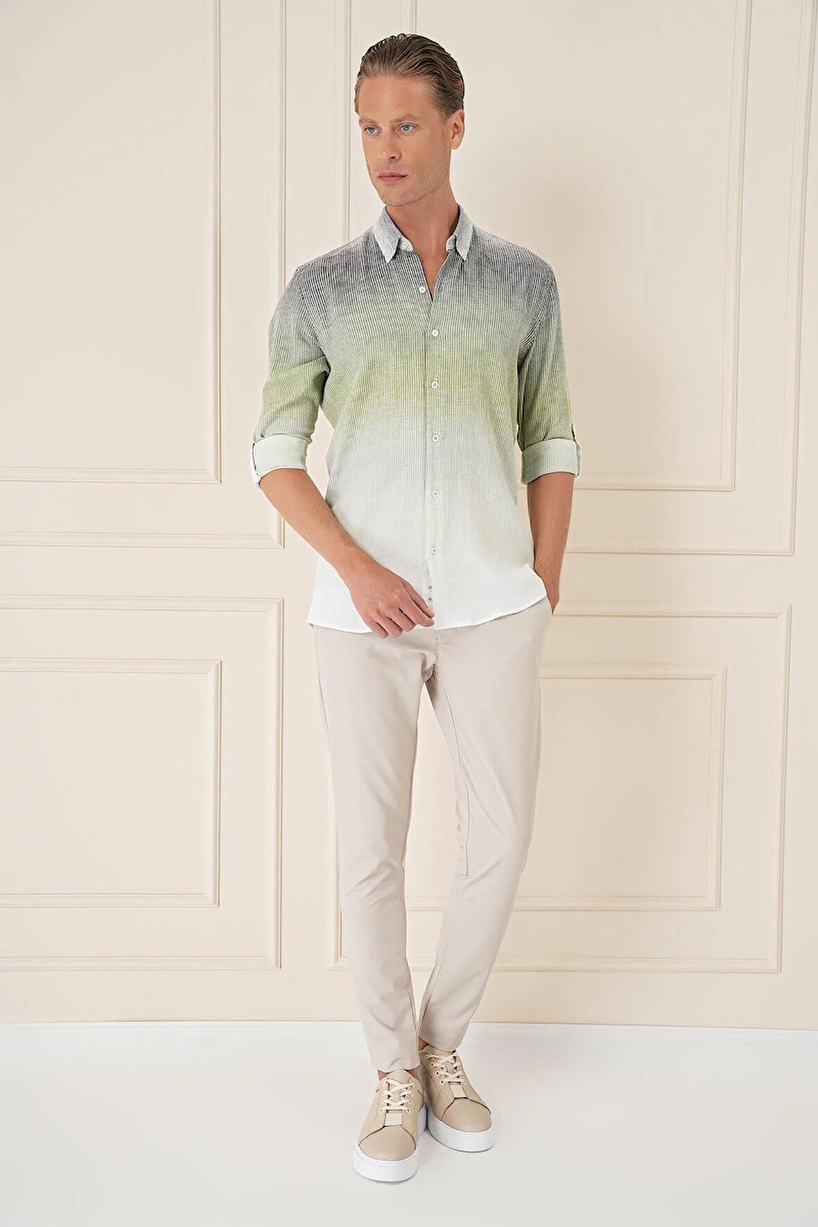 G 1575 Comfort Fit Apoletli Degrade Desen Esnek Pamuk Yeşil Gömlek