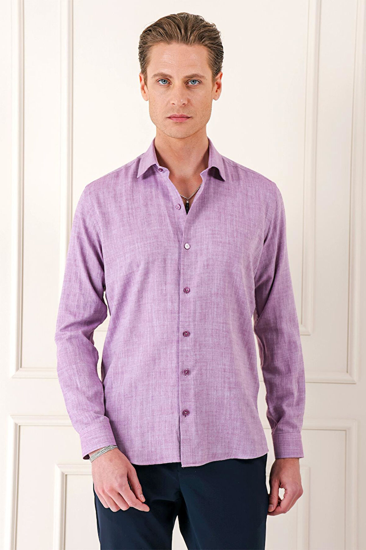 Gk 722 Comfort Fit Balıksırtı Dokuma %100 Pamuk Klasik Mor Gömlek