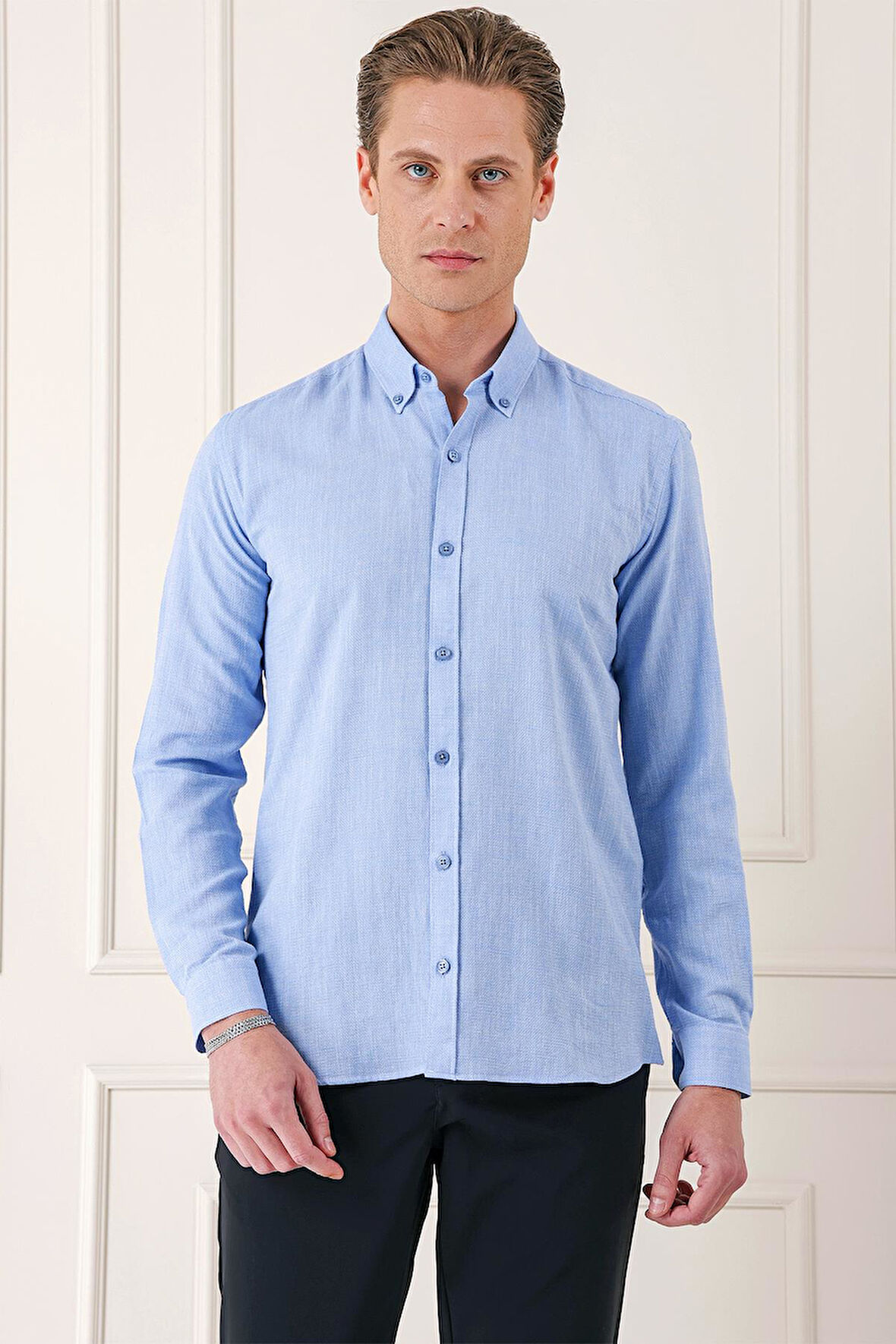 Gk 723 Slim Fit Düğmeli Yaka %100 Pamuk Klasik Mavi Gömlek